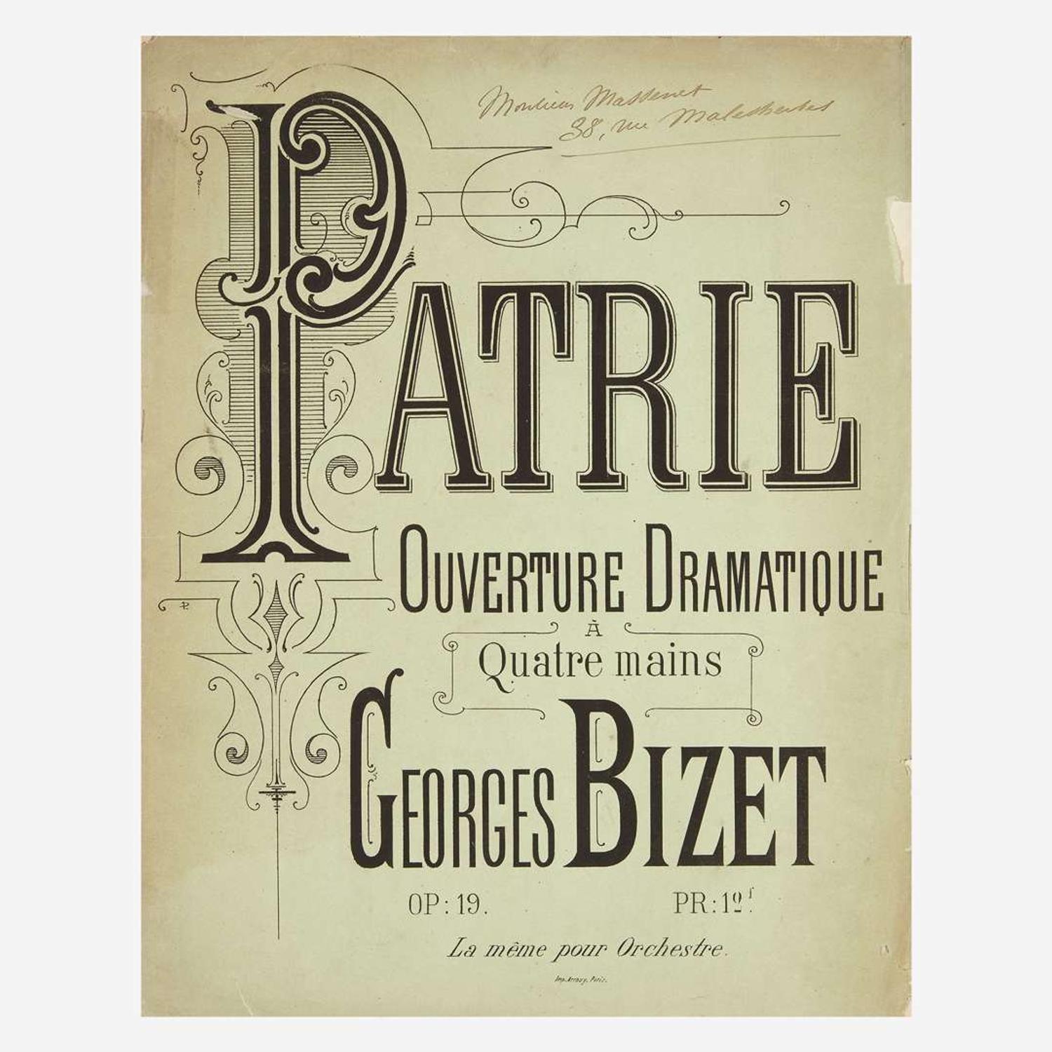 [Autographs & Manuscripts] Bizet, Georges Patrie ouverture dramatique transcrite pour piano a quatre mains