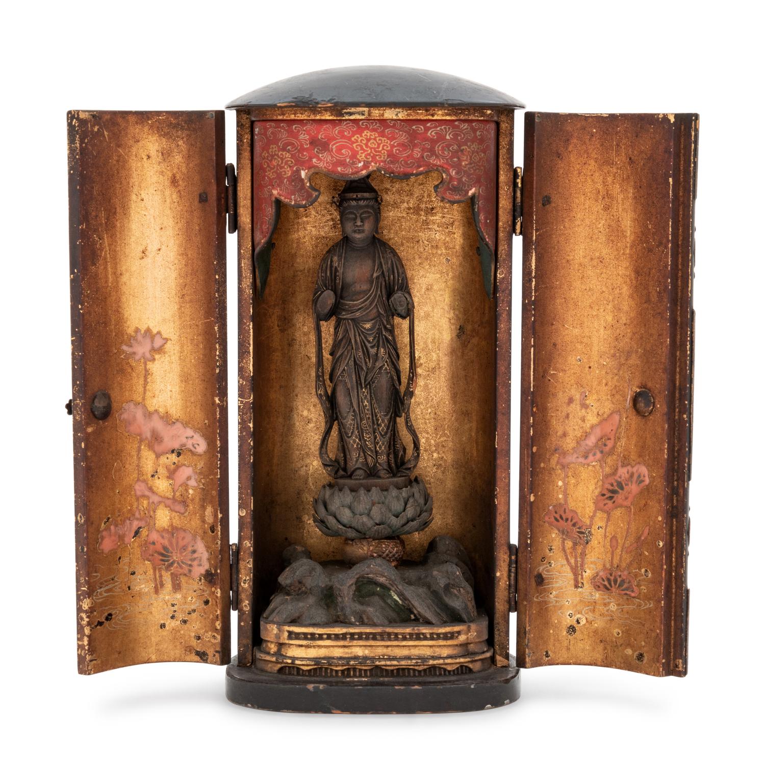A Small Black Lacquered Shrine with a Carved Wood Figure of Kannon