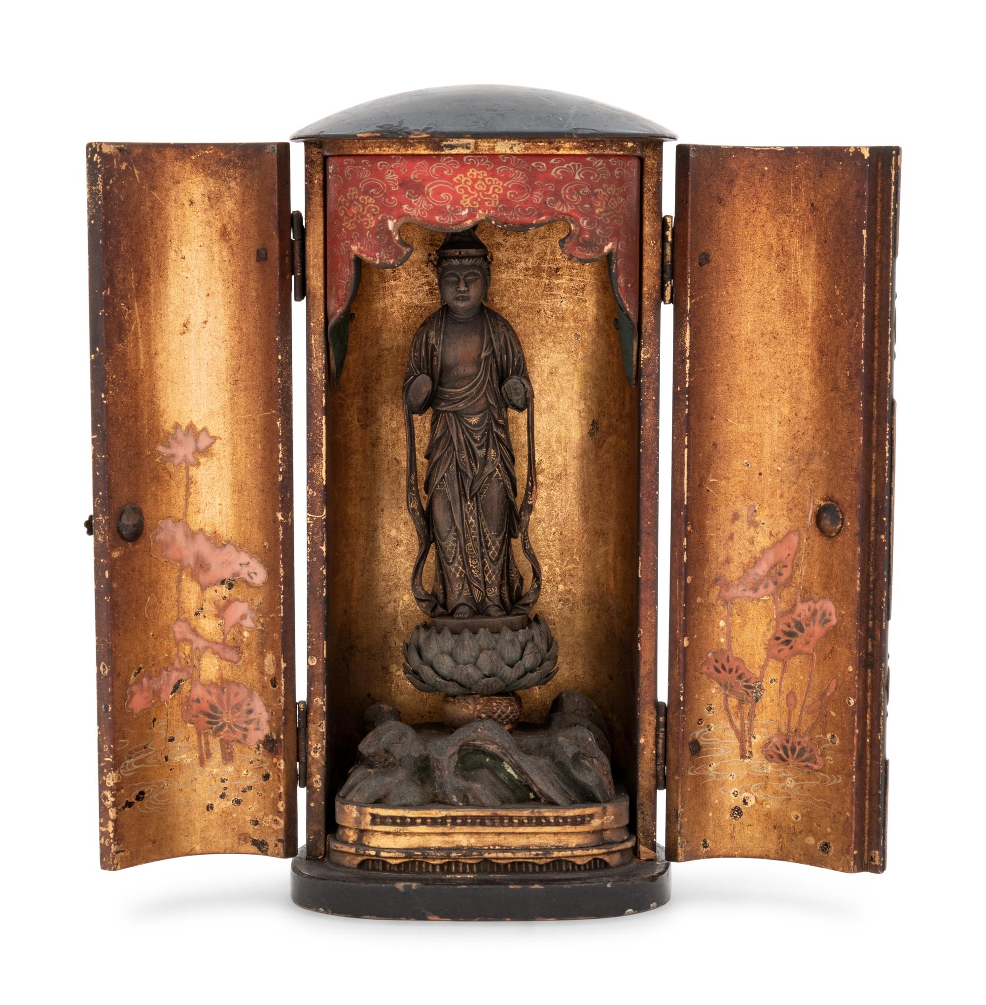 A Small Black Lacquered Shrine with a Carved Wood Figure of Kannon