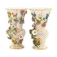 A Pair of Meissen Reticulated Floral Vases