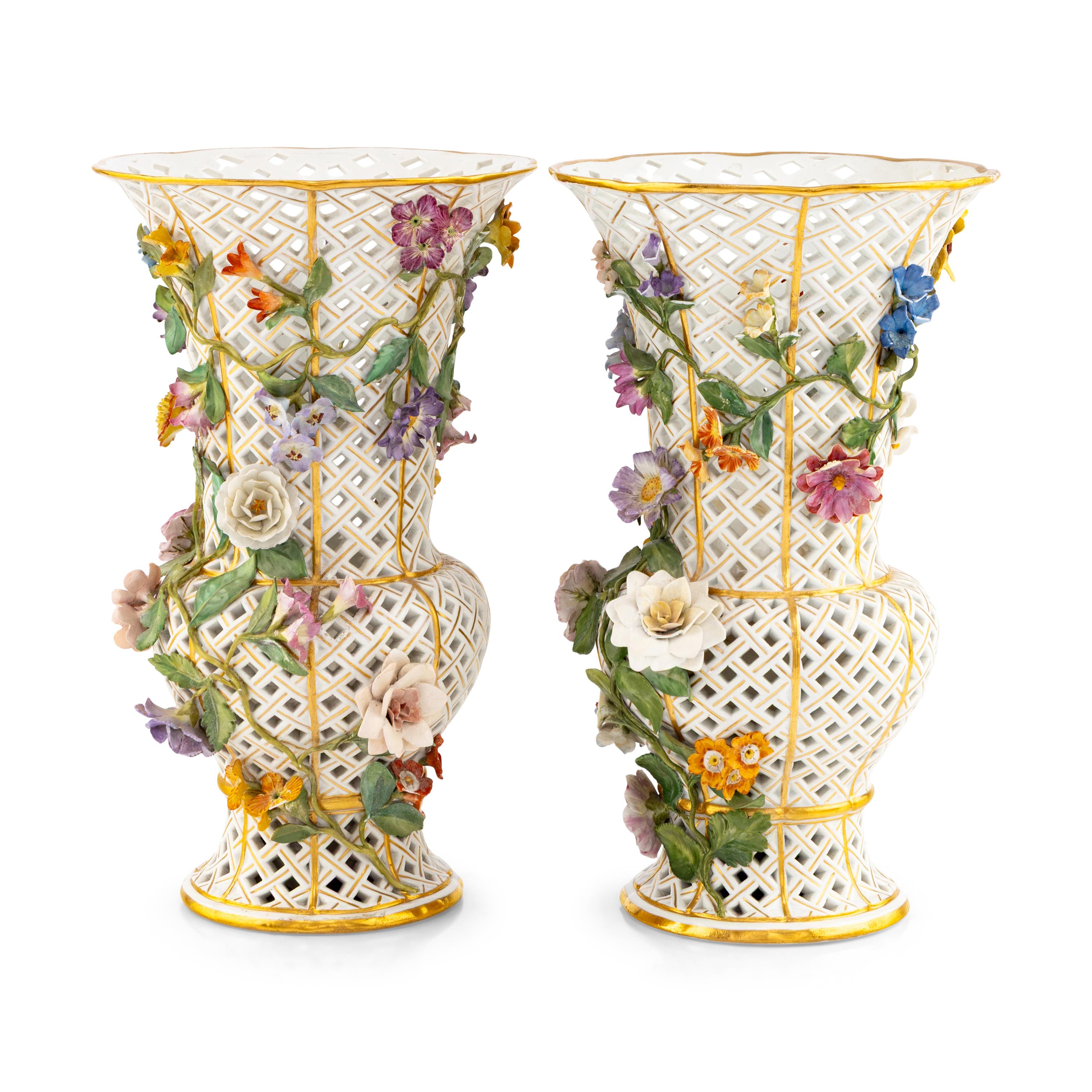 A Pair of Meissen Reticulated Floral Vases