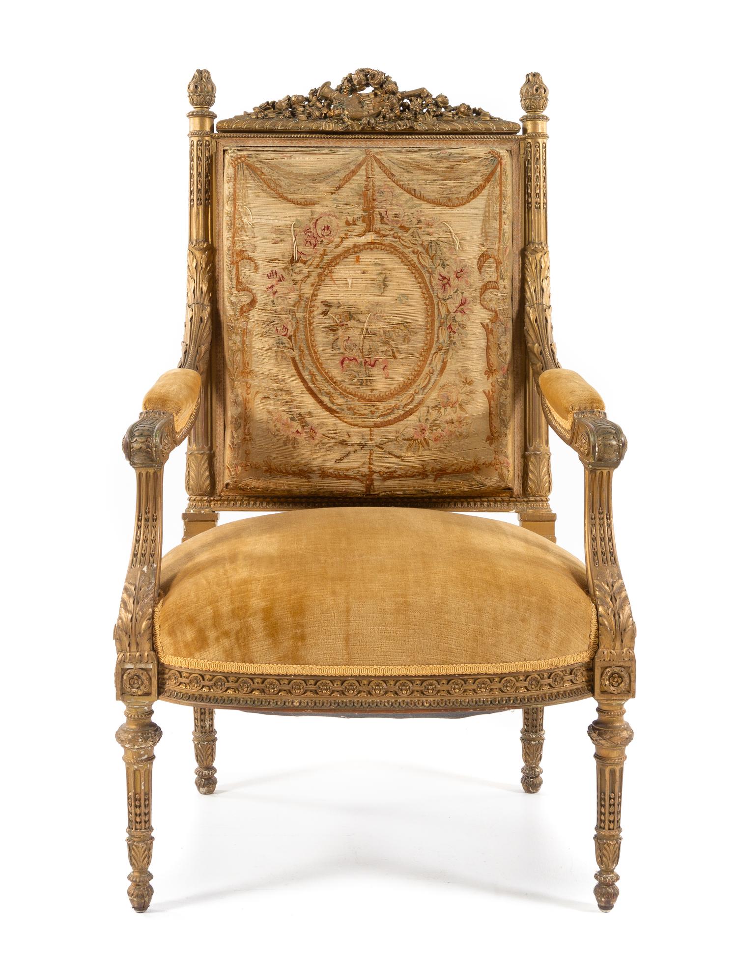 A Louis XVI Style Giltwood Fauteuil Height 42 inches. — 19TH CENTURY