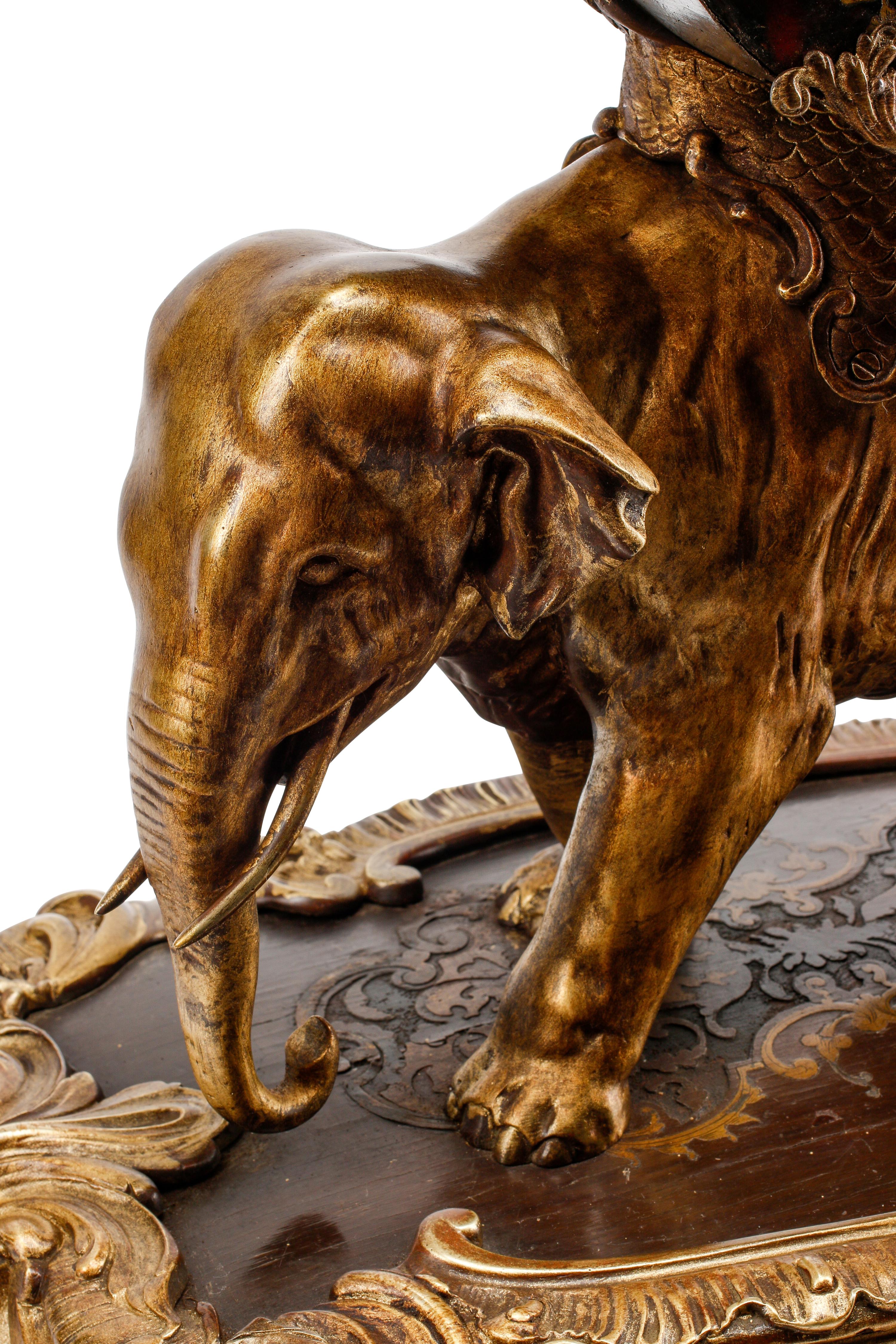 A Large French Bronze and Boulle Marquetry Elephant-Motif Clock