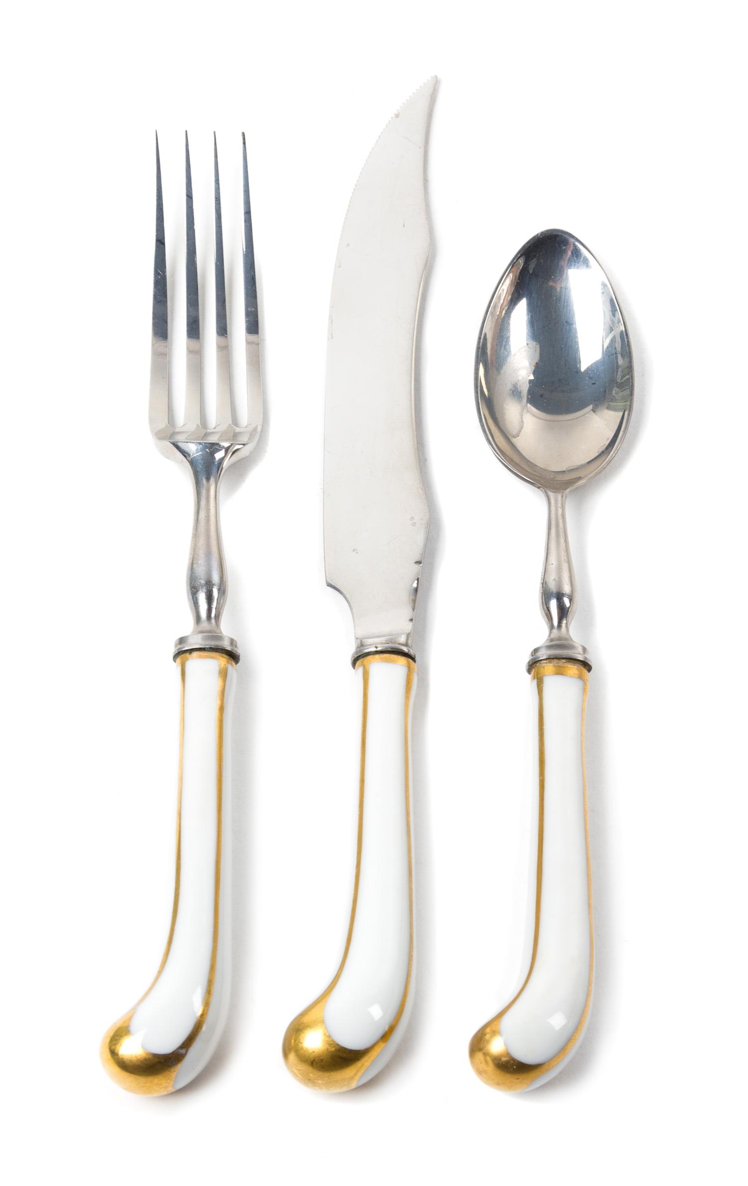An English Porcelain Mounted Flatware Service, A.E. Lewis & Co. Length of steak knife 8 1/4 inches. — 20TH CENTURY