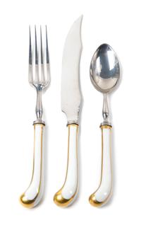 An English Porcelain Mounted Flatware Service, A.E. Lewis & Co. Length of steak knife 8 1/4 inches. — 20TH CENTURY