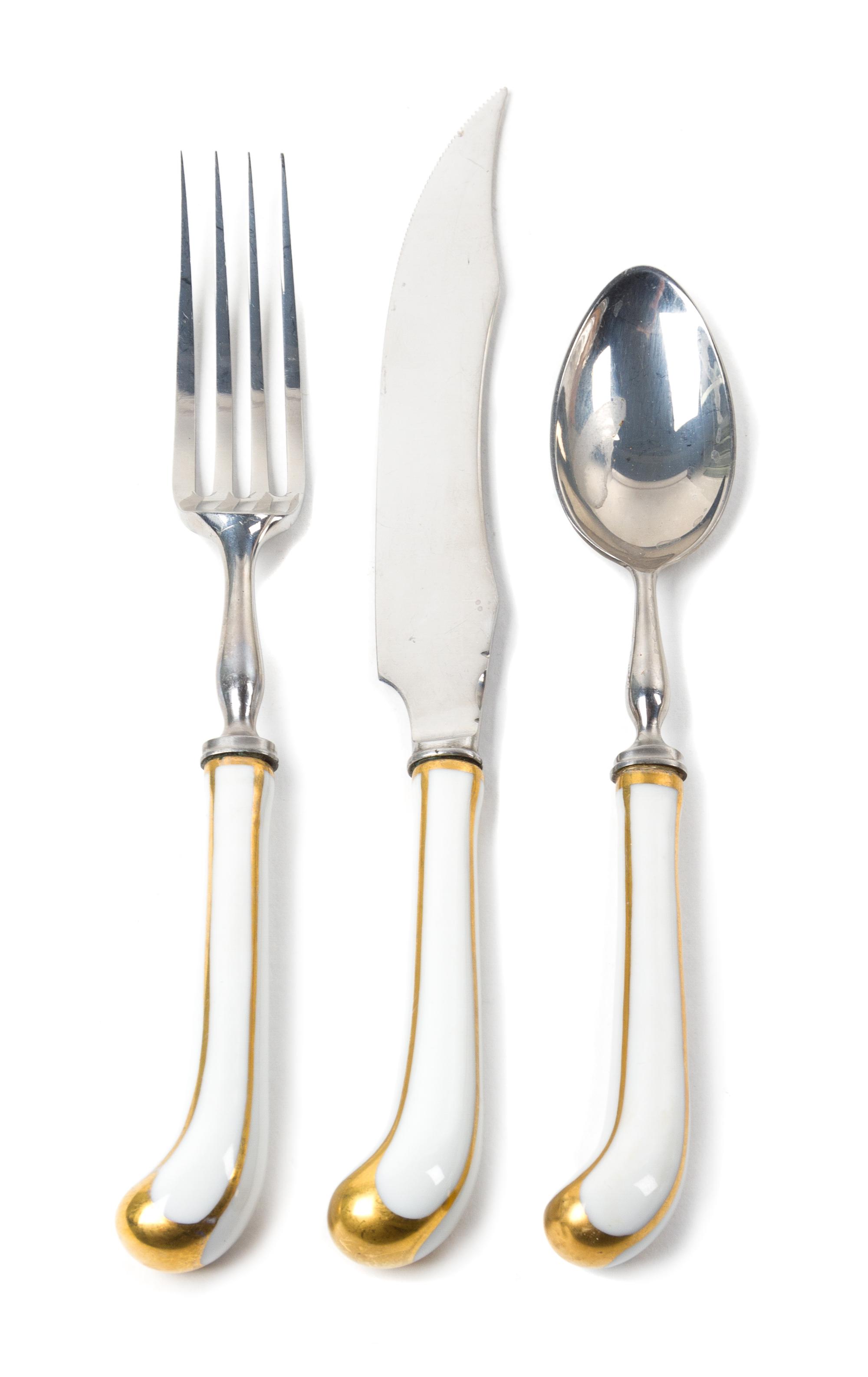 An English Porcelain Mounted Flatware Service, A.E. Lewis & Co. Length of steak knife 8 1/4 inches. — 20TH CENTURY