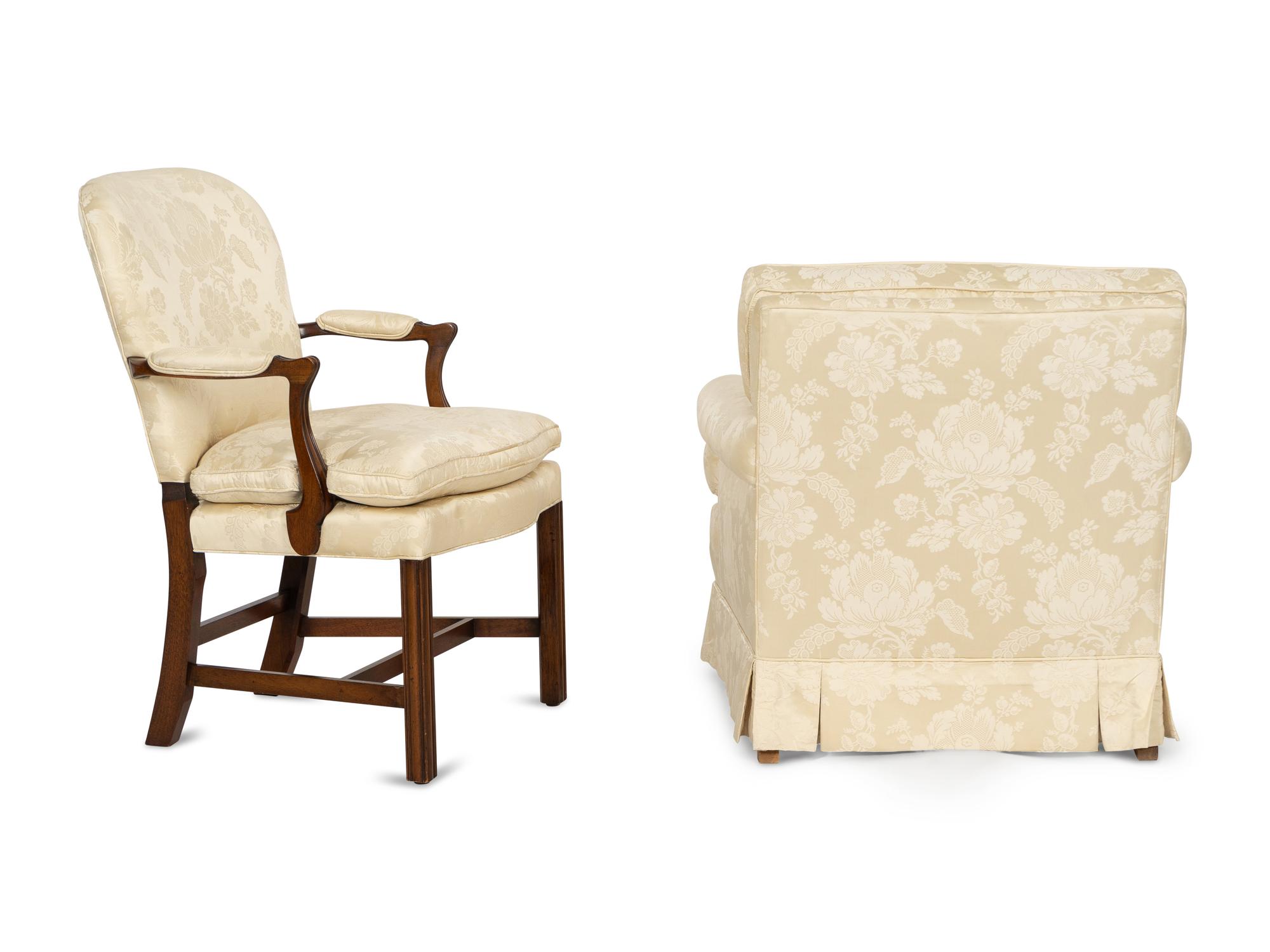 A Cream Silk-Upholstered Three-Piece Seating Suite