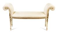 A Neoclassical Painted and Parcel Gilt Window Bench, Width 55 inches.