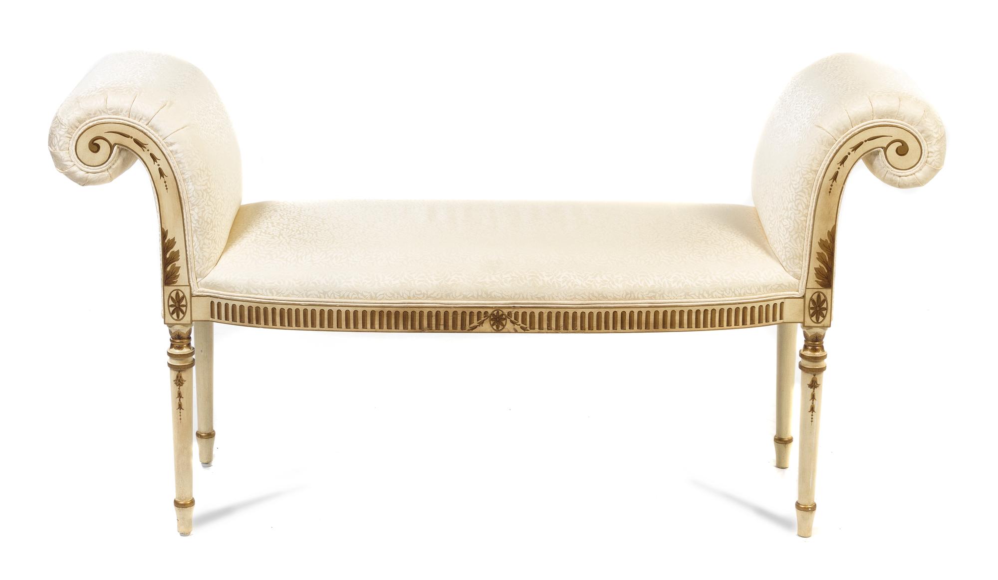 A Neoclassical Painted and Parcel Gilt Window Bench, Width 55 inches.