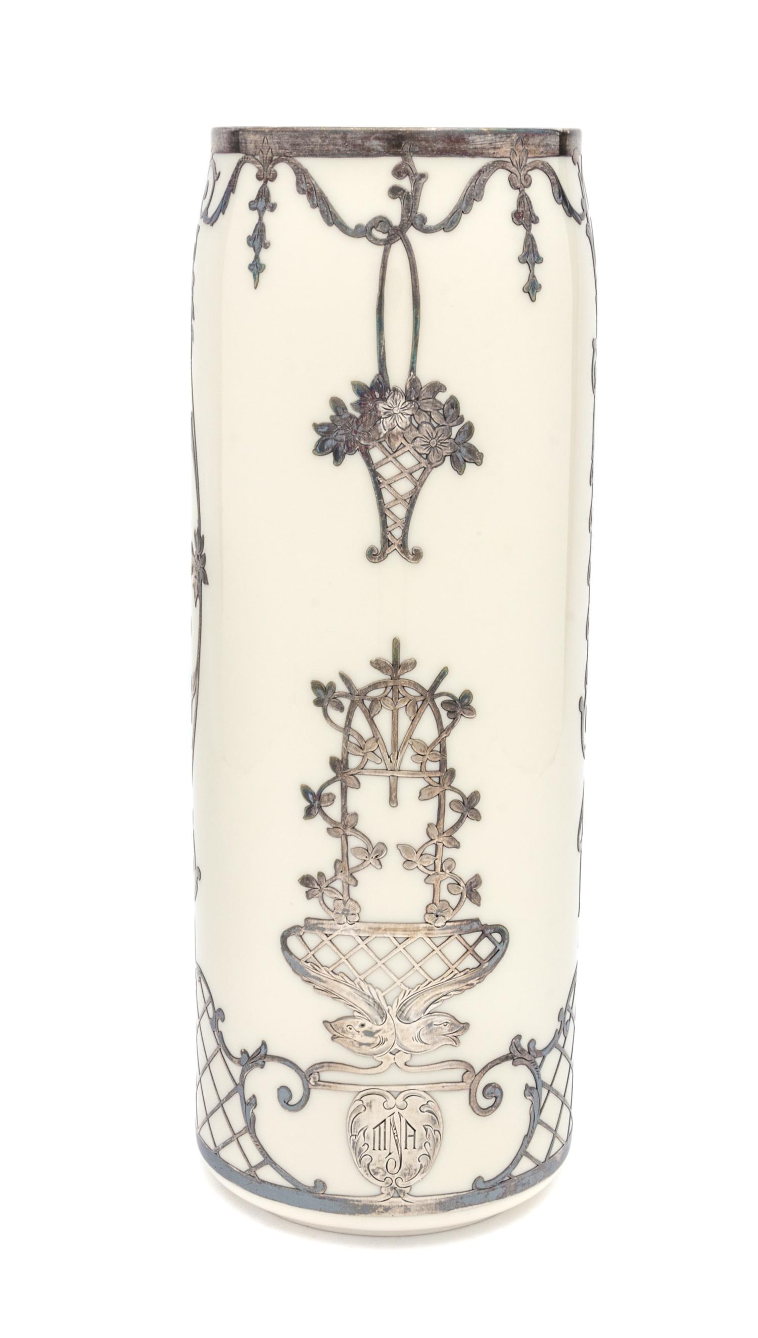 A Lenox Belleek Silver Overlay Porcelain Vase Height 11 3/8 inches.