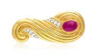 An 18 Karat Yellow Gold, Ruby and Diamond Swirl Brooch, Chaavae, 14.50 dwts.