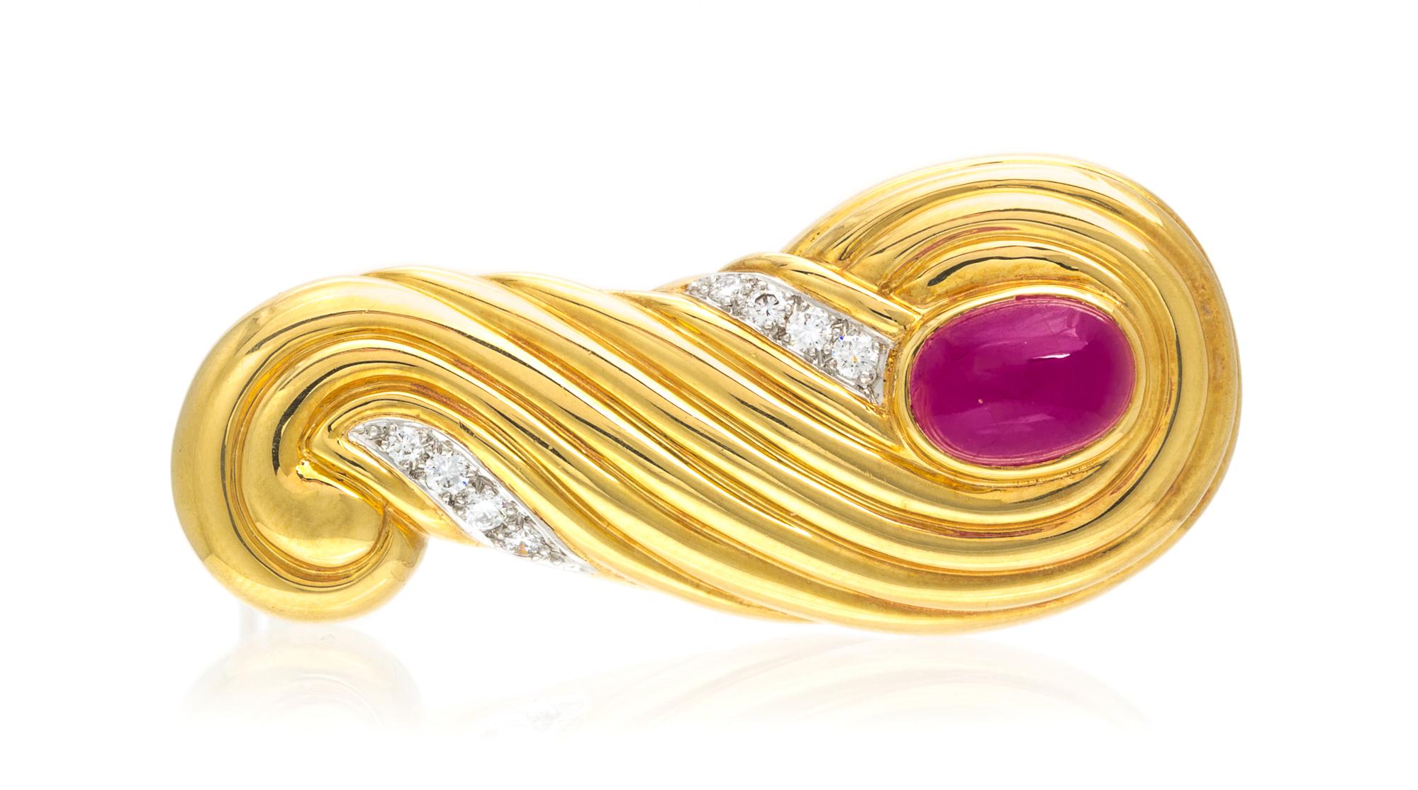 An 18 Karat Yellow Gold, Ruby and Diamond Swirl Brooch, Chaavae, 14.50 dwts.