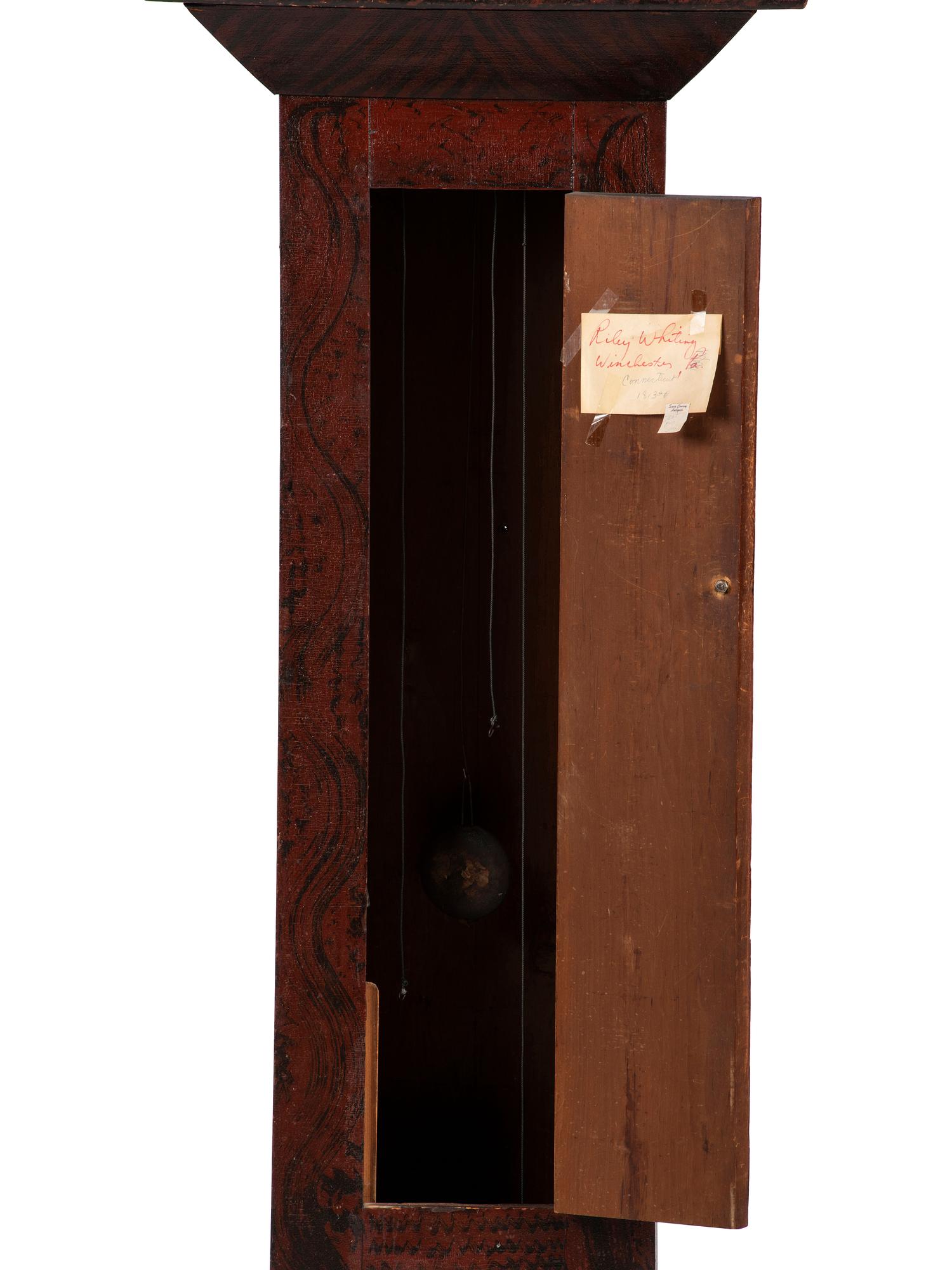 A Federal Carved and Grain Painted Pine Wooden Works Tall Case Clock