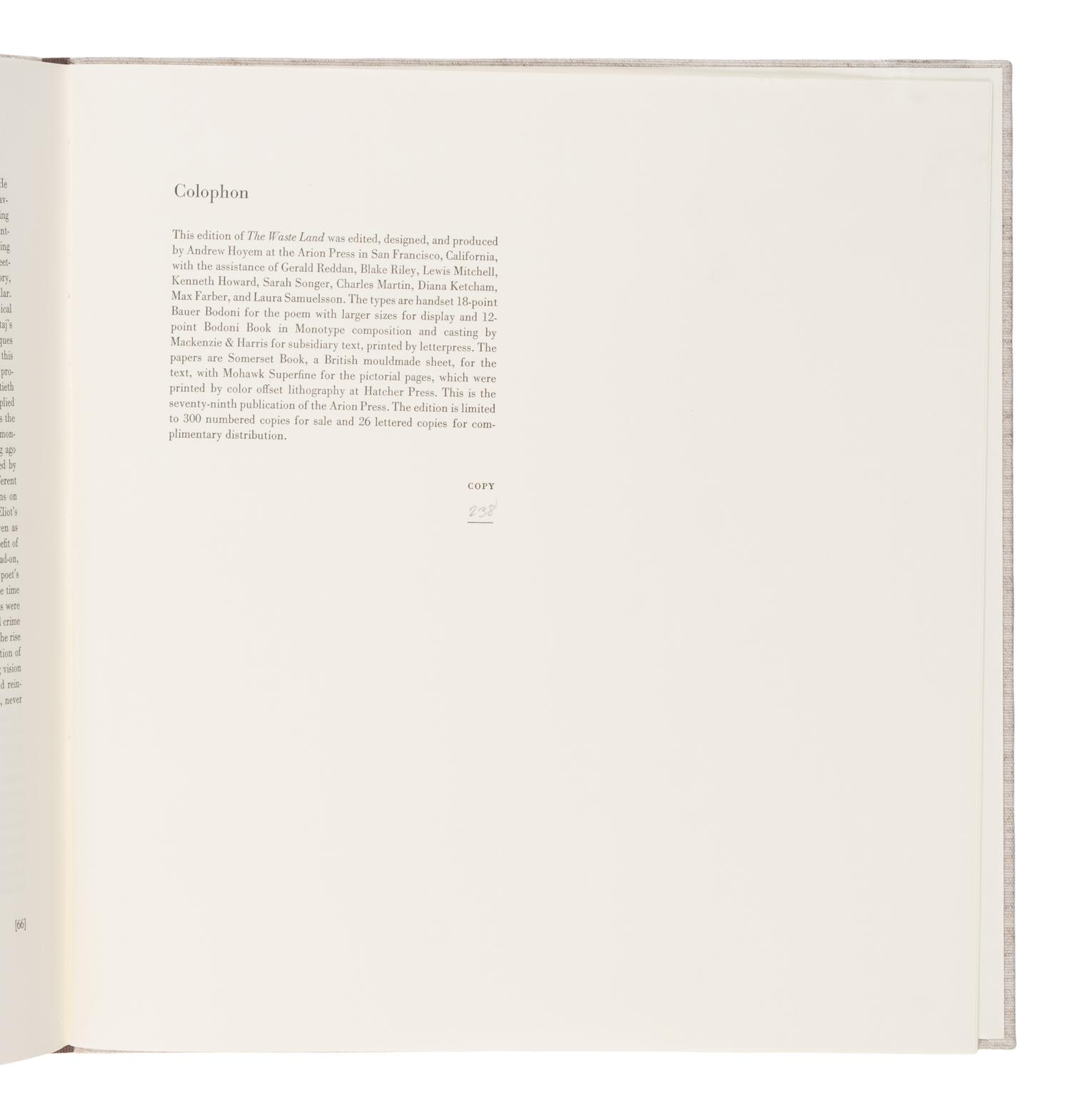 [Fine Press - Arion Press]. Eliot, T.S. (1888-1965). -- Kitaj, R. B. (1932-2007), illustrator. -- The Waste Land . San Francisco: The Arion Press, 2007.