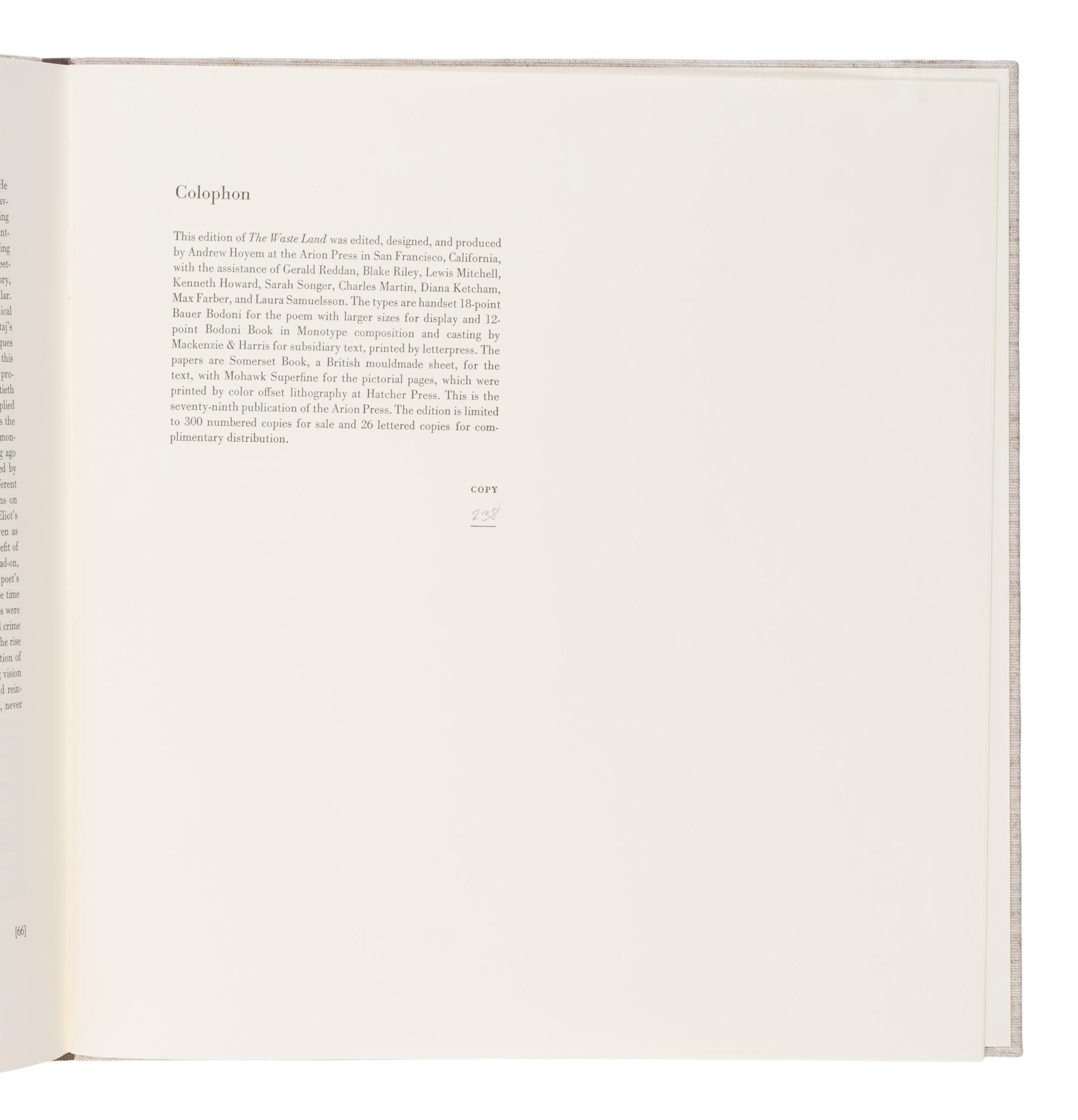 [Fine Press - Arion Press]. Eliot, T.S. (1888-1965). -- Kitaj, R. B. (1932-2007), illustrator. -- The Waste Land . San Francisco: The Arion Press, 2007.
