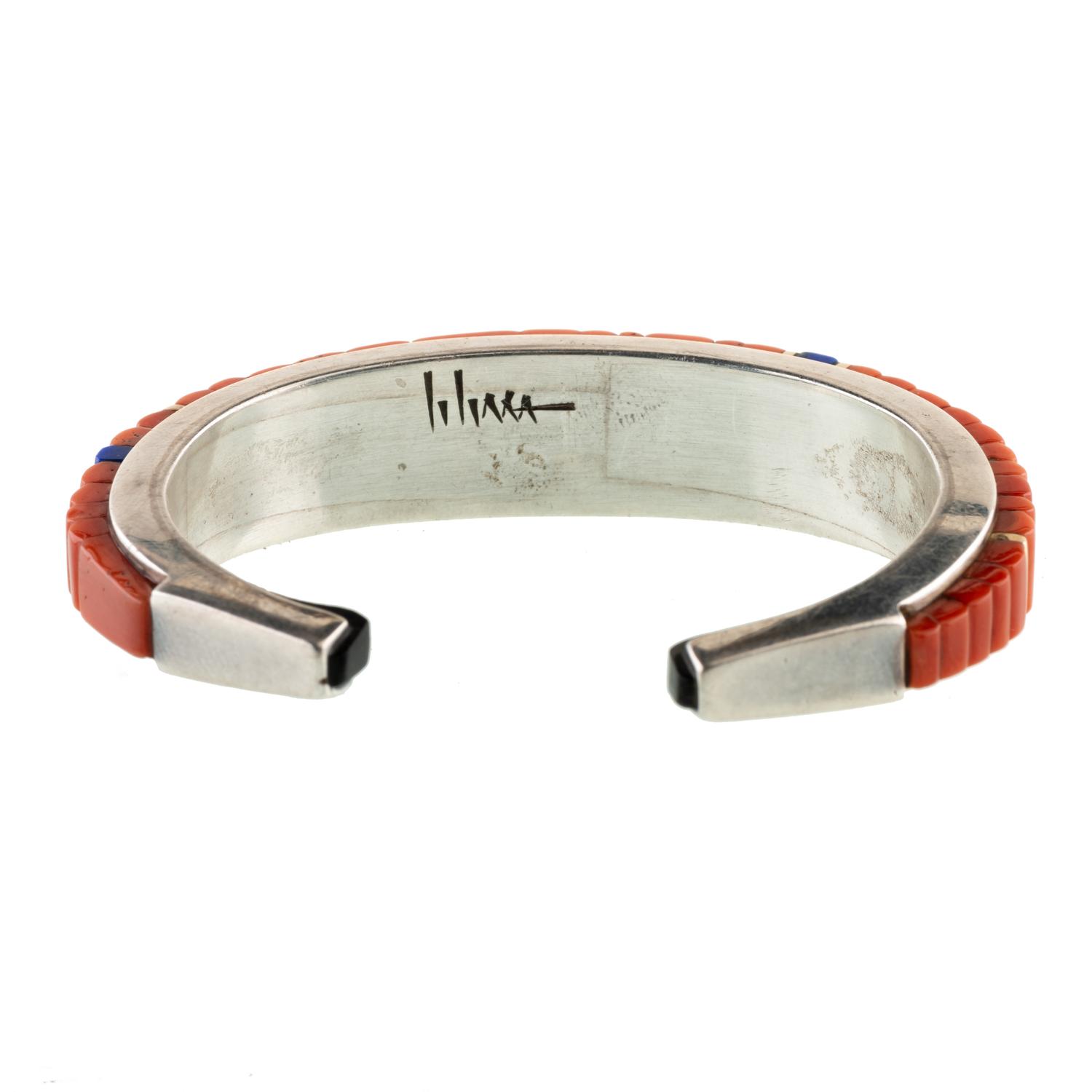 Silver, Coral, Lapis, and Ironwood Cuff Bracelet, with Gold Accents Lot is located and will ship from Denver, Colorado.