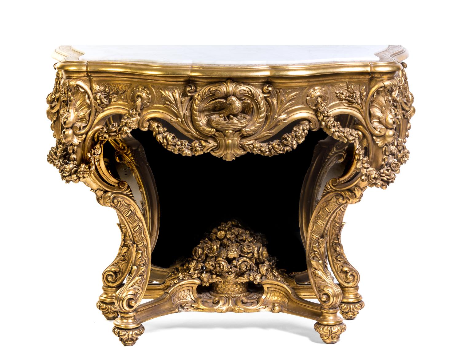 A Louis XIV Style Giltwood Console Table, Height 37 1/2 x width 46 x depth 24 inches.
