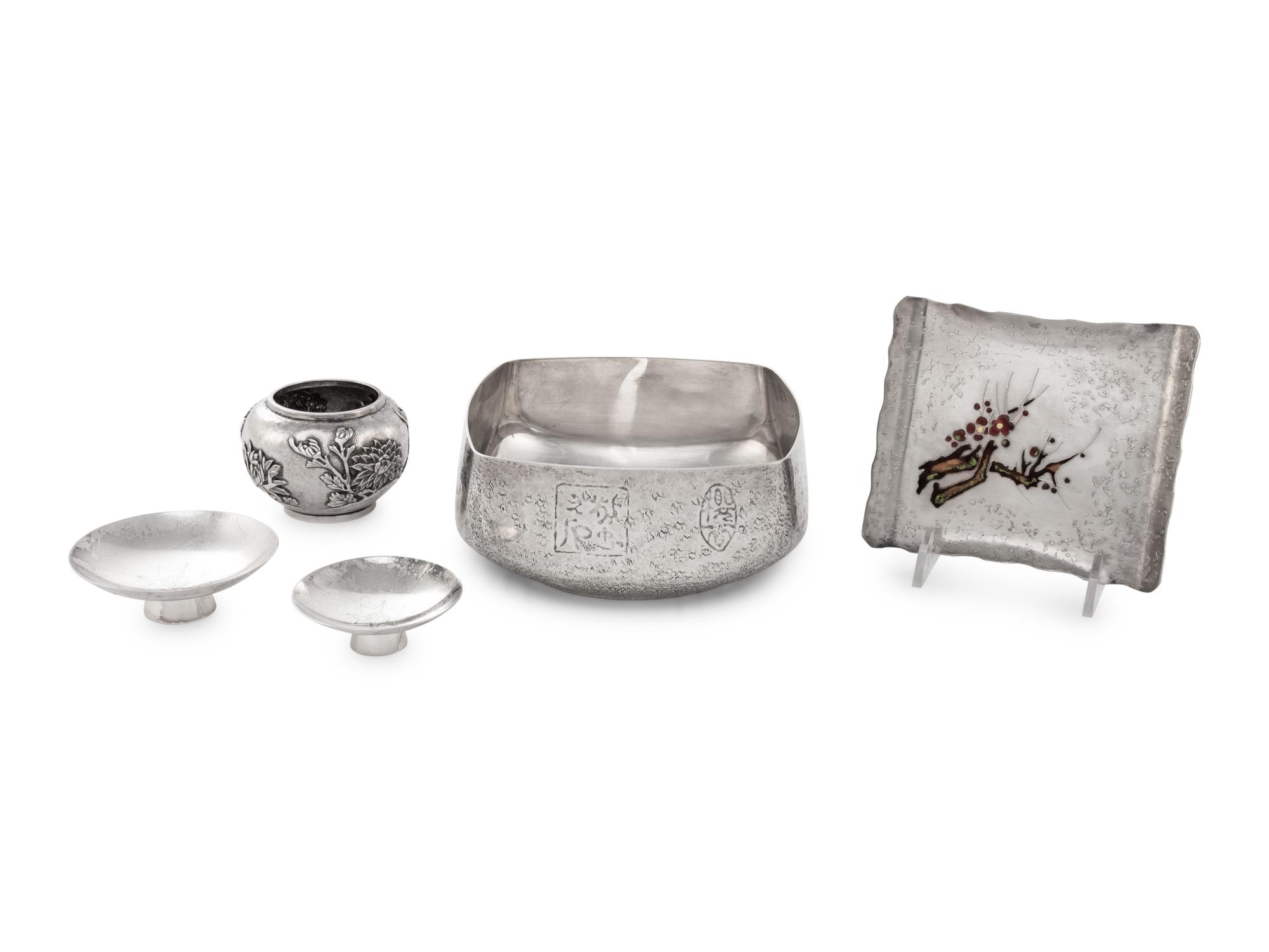A Group of Five Japanese Silver Table Articles