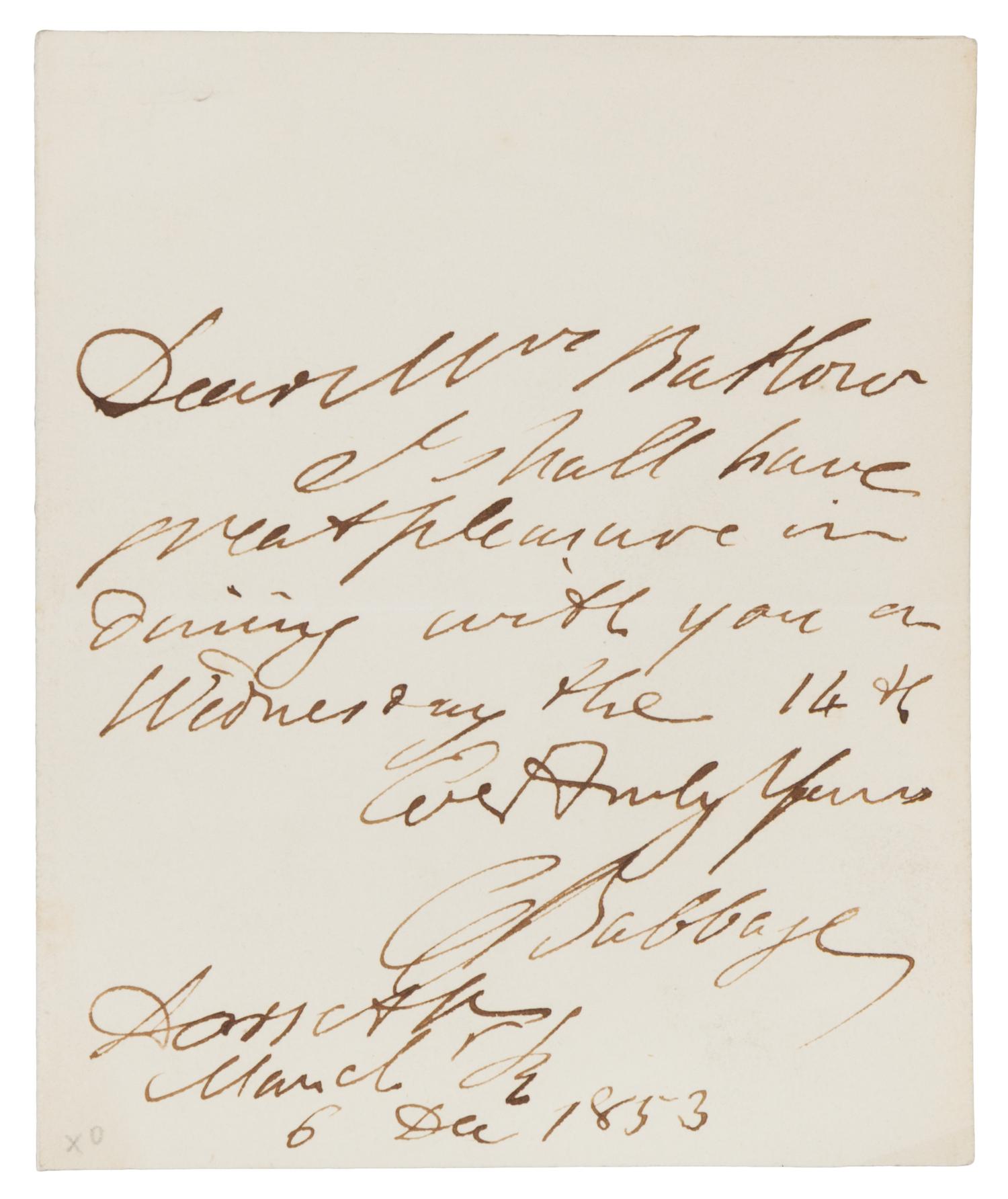 BABBAGE, Charles (1792-1871). Autograph letter signed ("C. Babbage"), to Mr. Barthow. 6 December 1853.