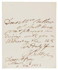 BABBAGE, Charles (1792-1871). Autograph letter signed ("C. Babbage"), to Mr. Barthow. 6 December 1853.