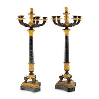 A Pair of Charles X Gilt and Patinated Bronze Mounted Marble Seven-Light Candelabra