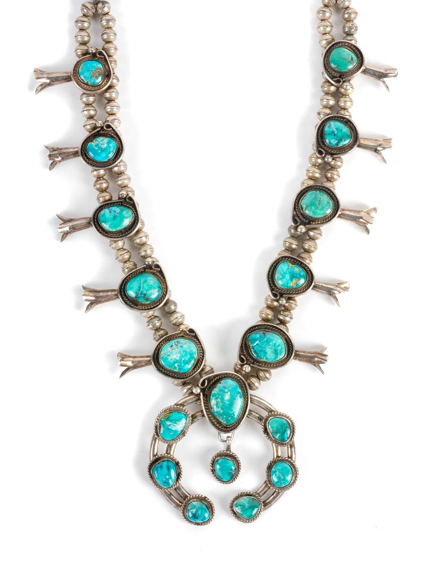 Southwestern Silver and Turquoise Squash Blossom Necklace Length 26 inches