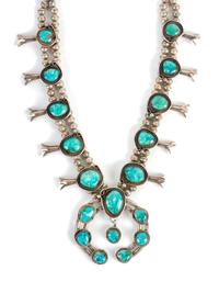 Southwestern Silver and Turquoise Squash Blossom Necklace Length 26 inches