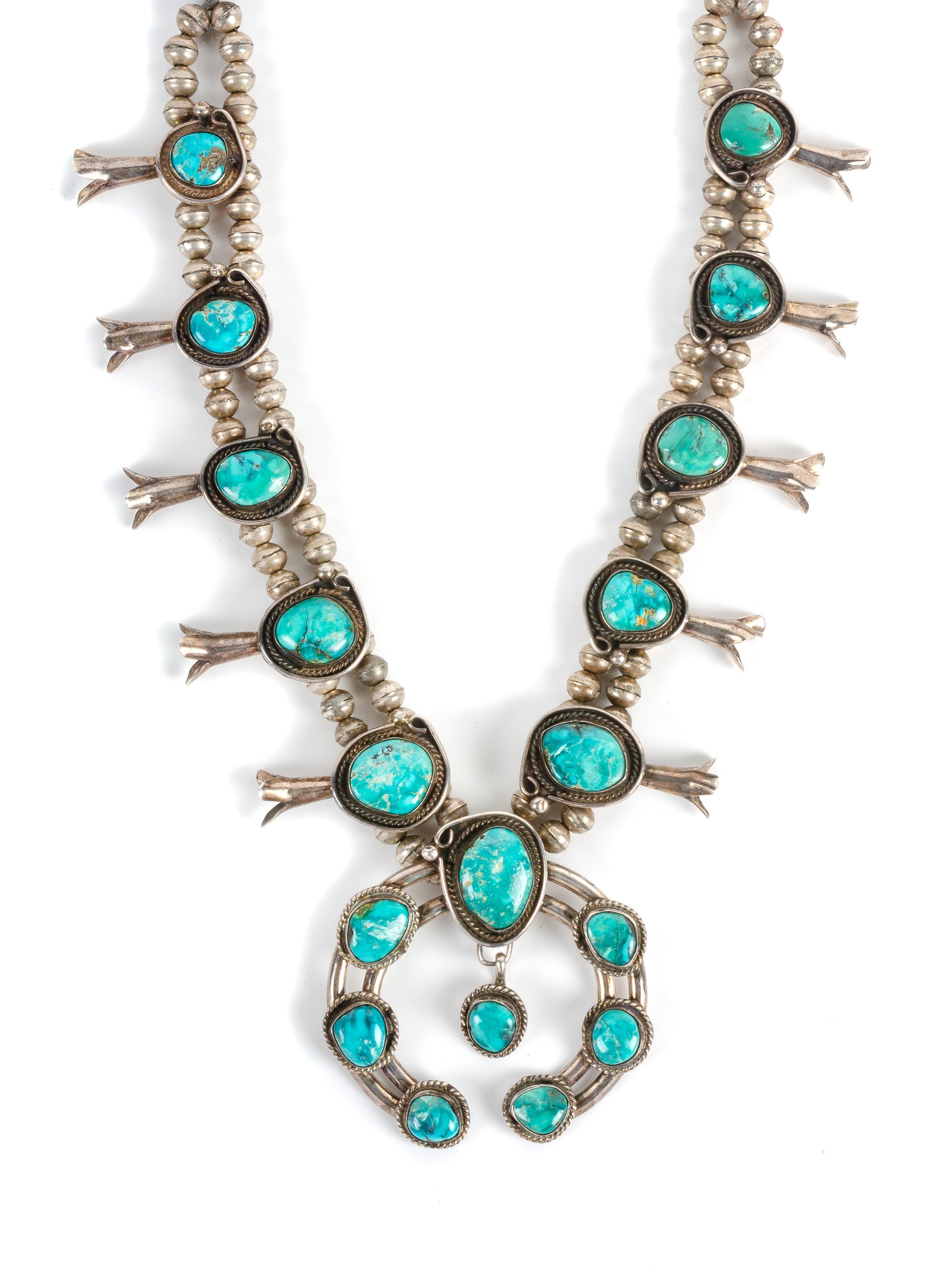 Southwestern Silver and Turquoise Squash Blossom Necklace Length 26 inches