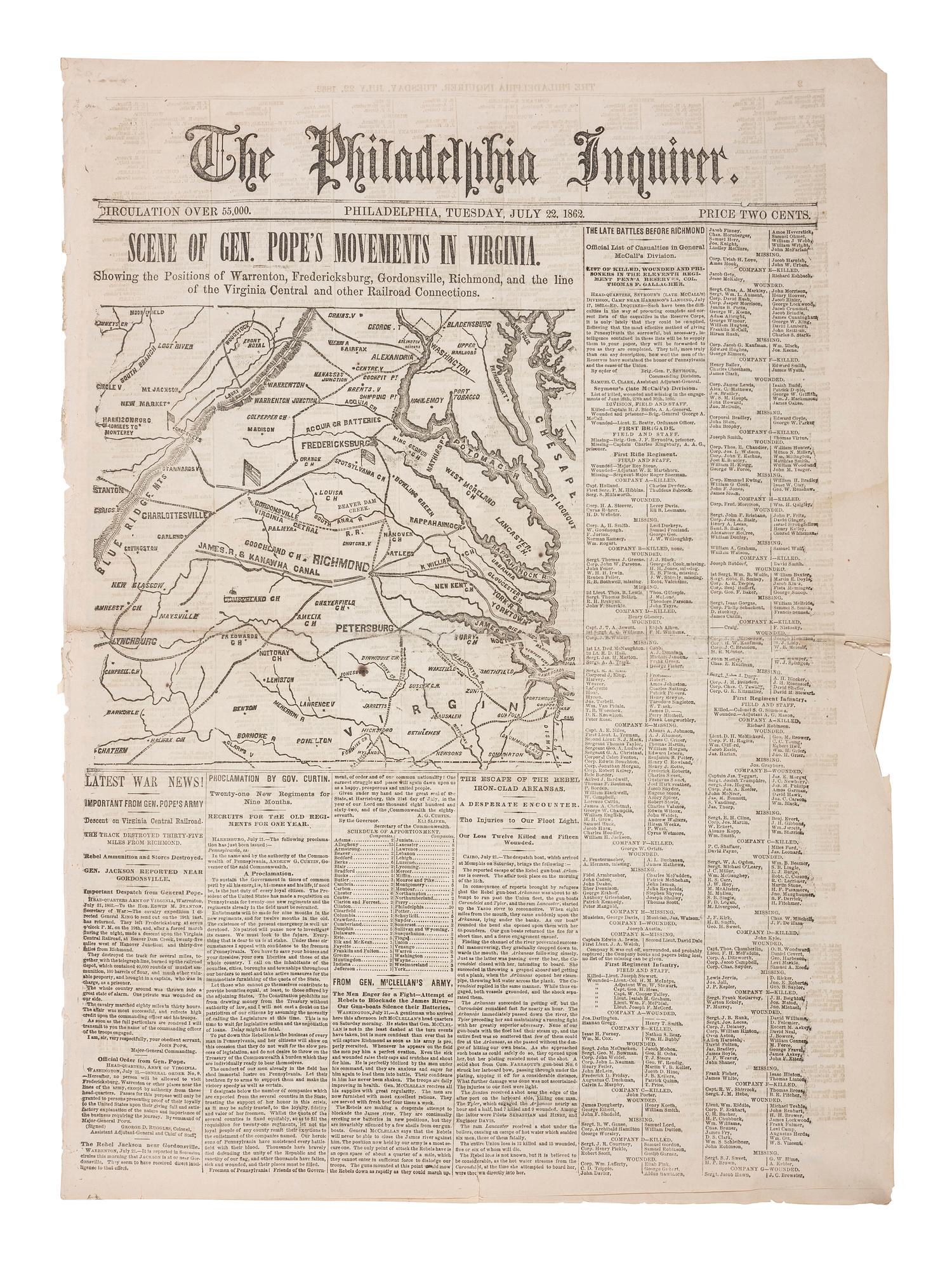 [CIVIL WAR]. 100+ issues of the Philadelphia Inquirer, New York Herald, and New York Tribune.