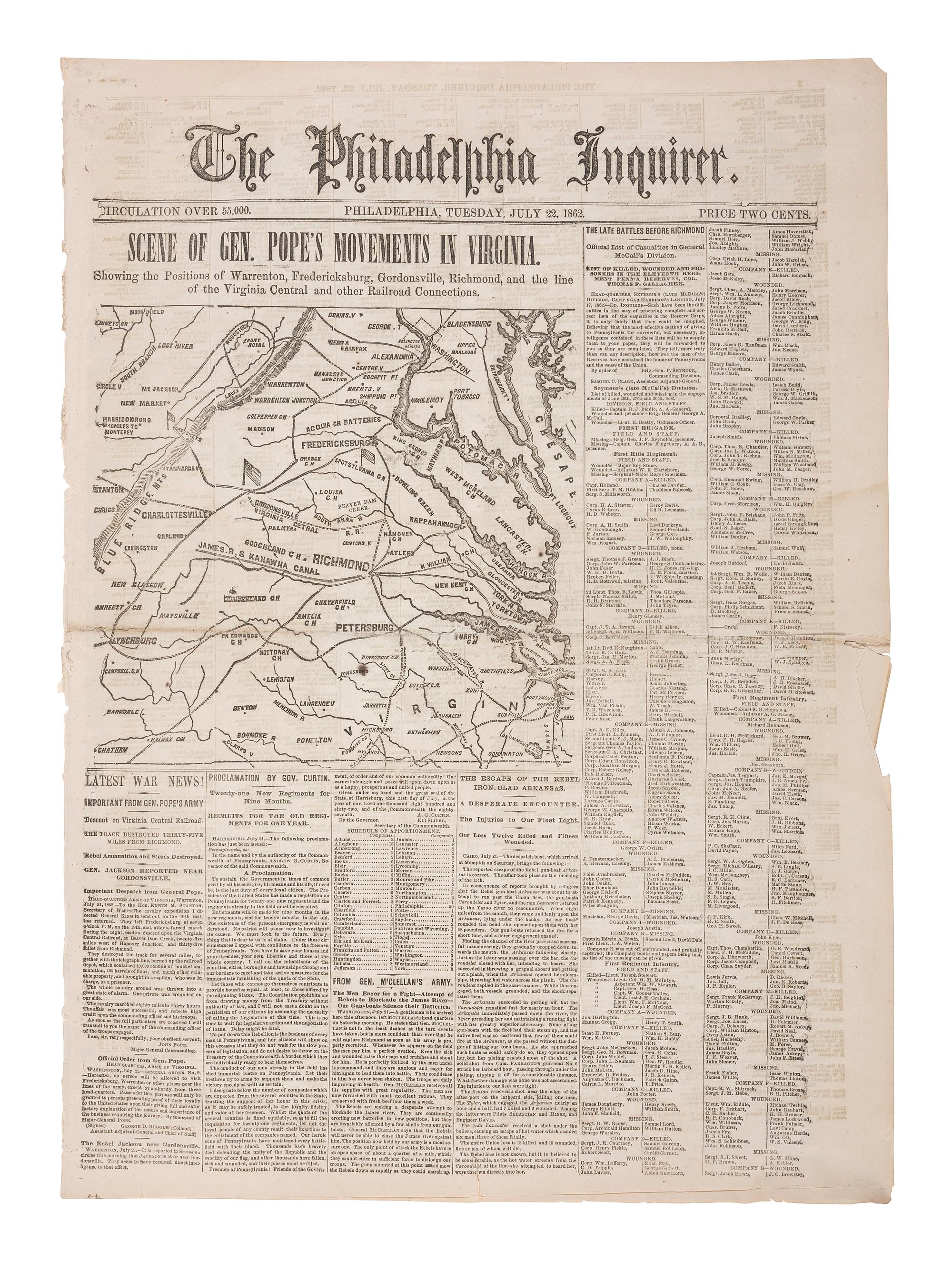 [CIVIL WAR]. 100+ issues of the Philadelphia Inquirer, New York Herald, and New York Tribune.