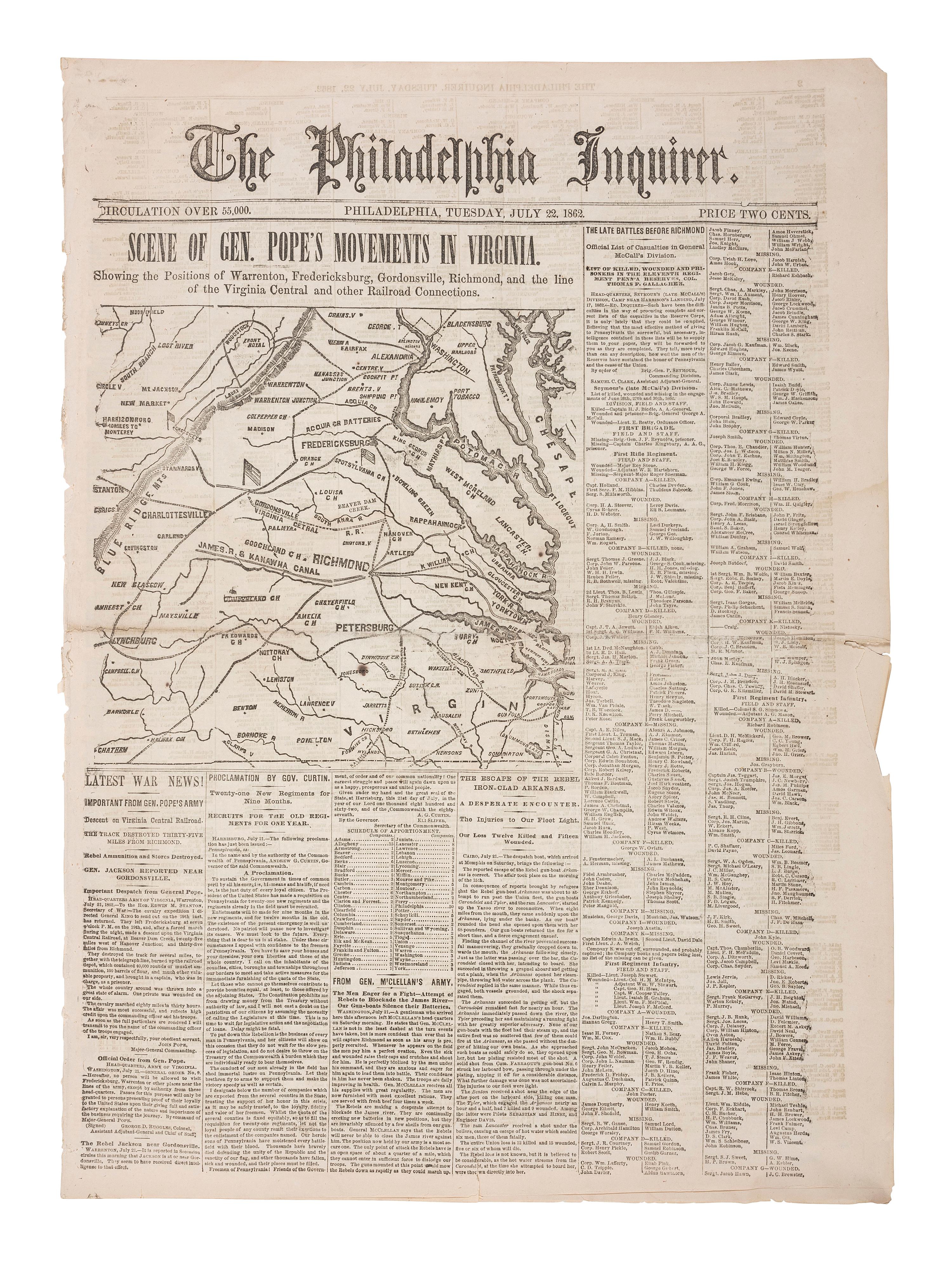[CIVIL WAR]. 100+ issues of the Philadelphia Inquirer, New York Herald, and New York Tribune.