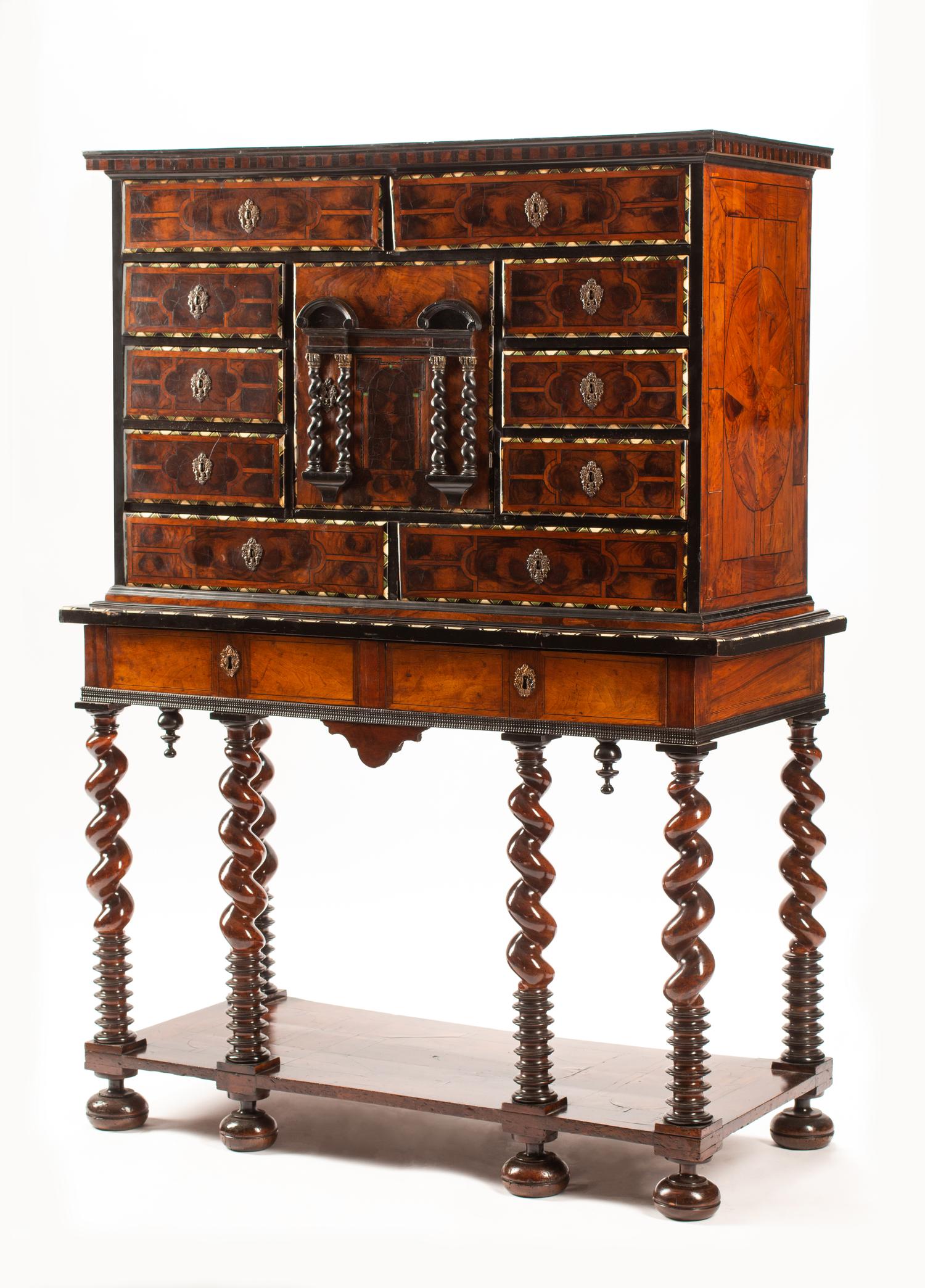 A Louis XIV Burlwood, Fruitwood and Ebony Cabinet on Stand