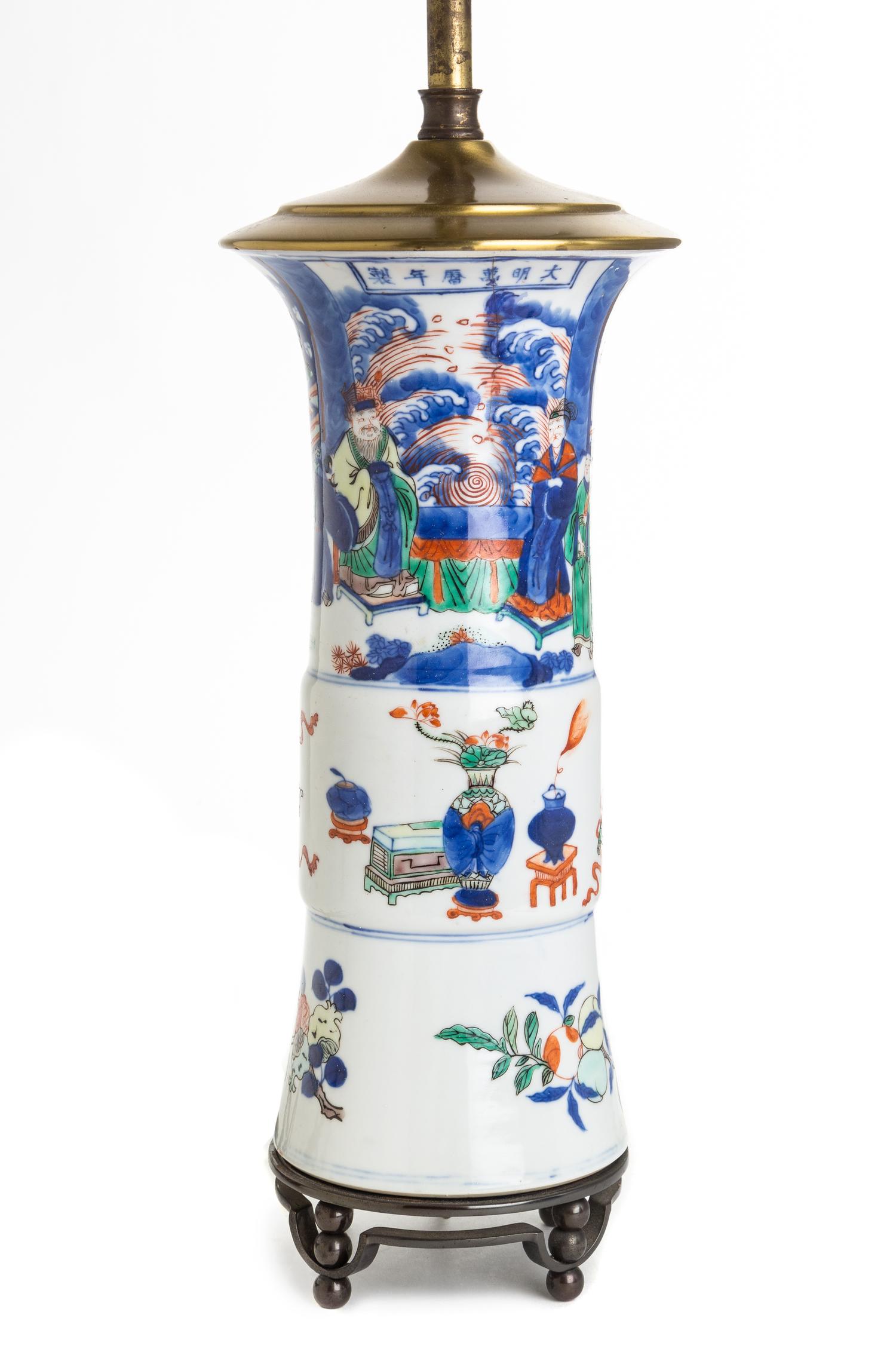A Wucai Porcelain Beaker Vase Height of porcelain 10 1/8 inches. — QING DYNASTY