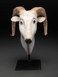 A Folk Art Carved and Painted Wood Ram's Head