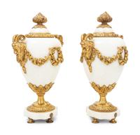 A Pair of French Gilt Bronze and Marble Urns