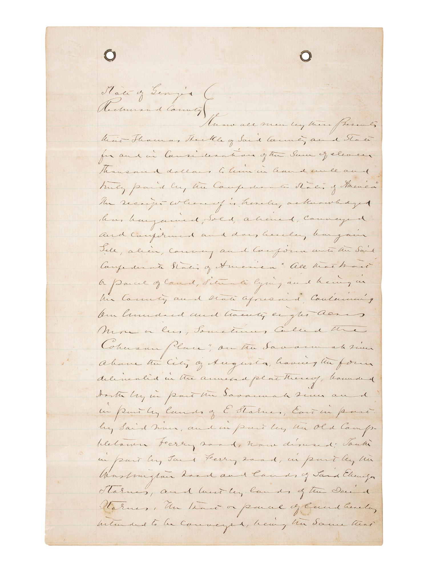 [CIVIL WAR]. Two documents recording the sale of land in Georgia to the Confederate States of America.