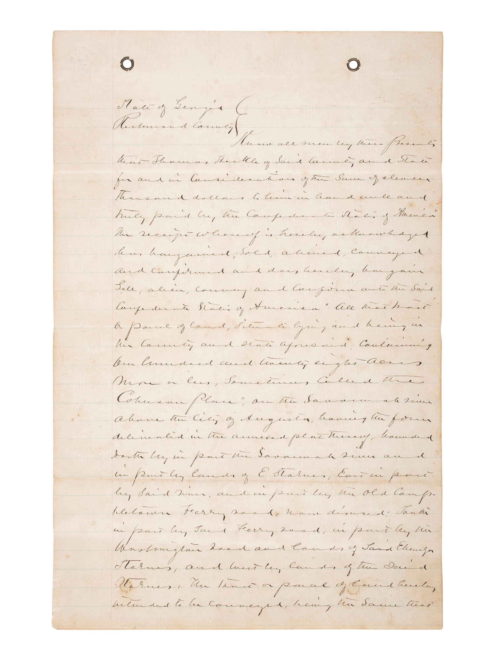 [CIVIL WAR]. Two documents recording the sale of land in Georgia to the Confederate States of America.