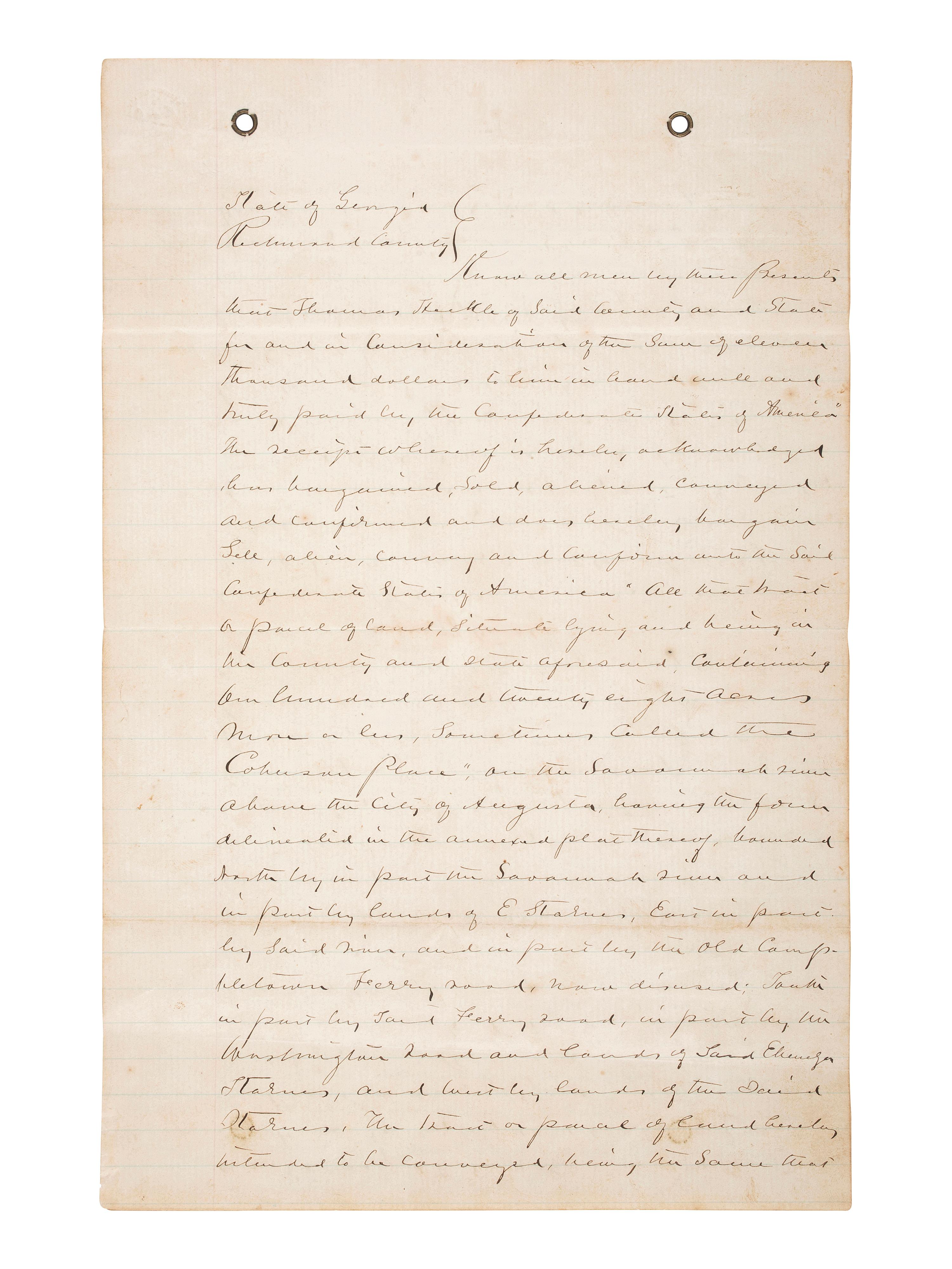 [CIVIL WAR]. Two documents recording the sale of land in Georgia to the Confederate States of America.