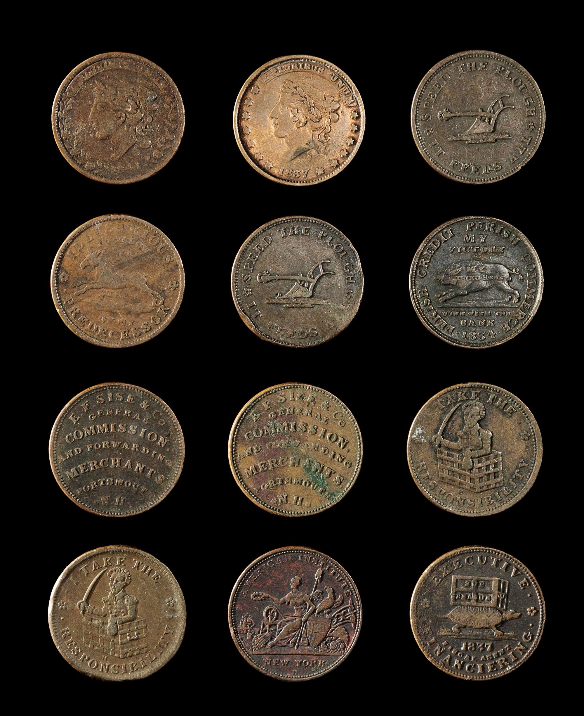 A Collection of Twelve American Advertising and Propaganda Tokens