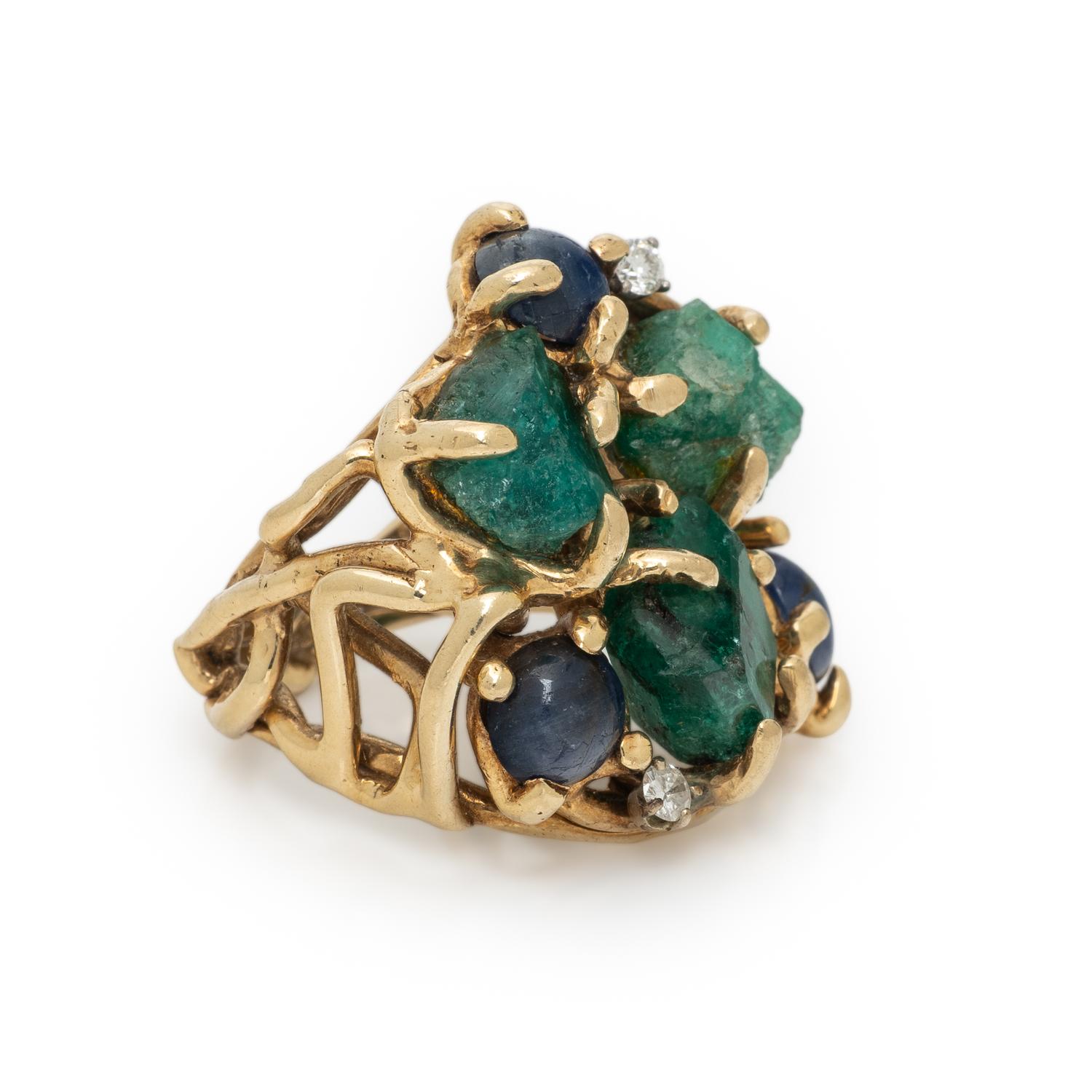YELLOW GOLD, EMERALD, SAPPHIRE, AND DIAMOND RING