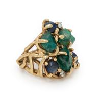 YELLOW GOLD, EMERALD, SAPPHIRE, AND DIAMOND RING