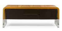 A Contemporary Satinwood Veneered Polymer and Chrome Ribbon Cabinet Height 28 x width 77 x depth 18 inches. — DESIGNED BY VLADIMIR KAGAN