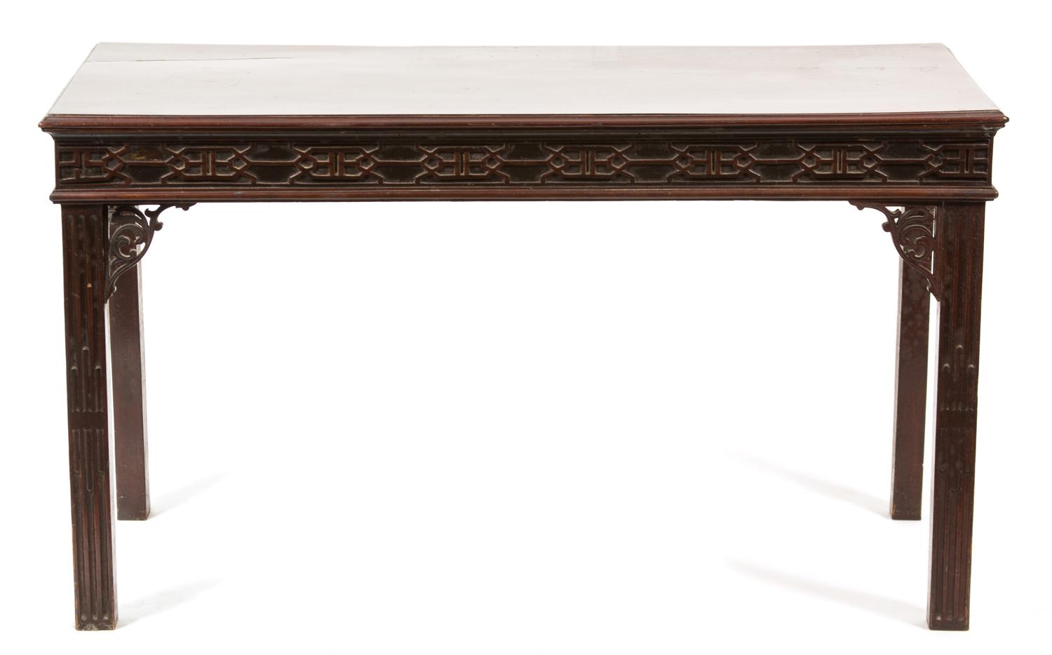 A Chinese Chippendale Style Mahogany Console Table Height 29 x length 50 x depth 23 inches.
