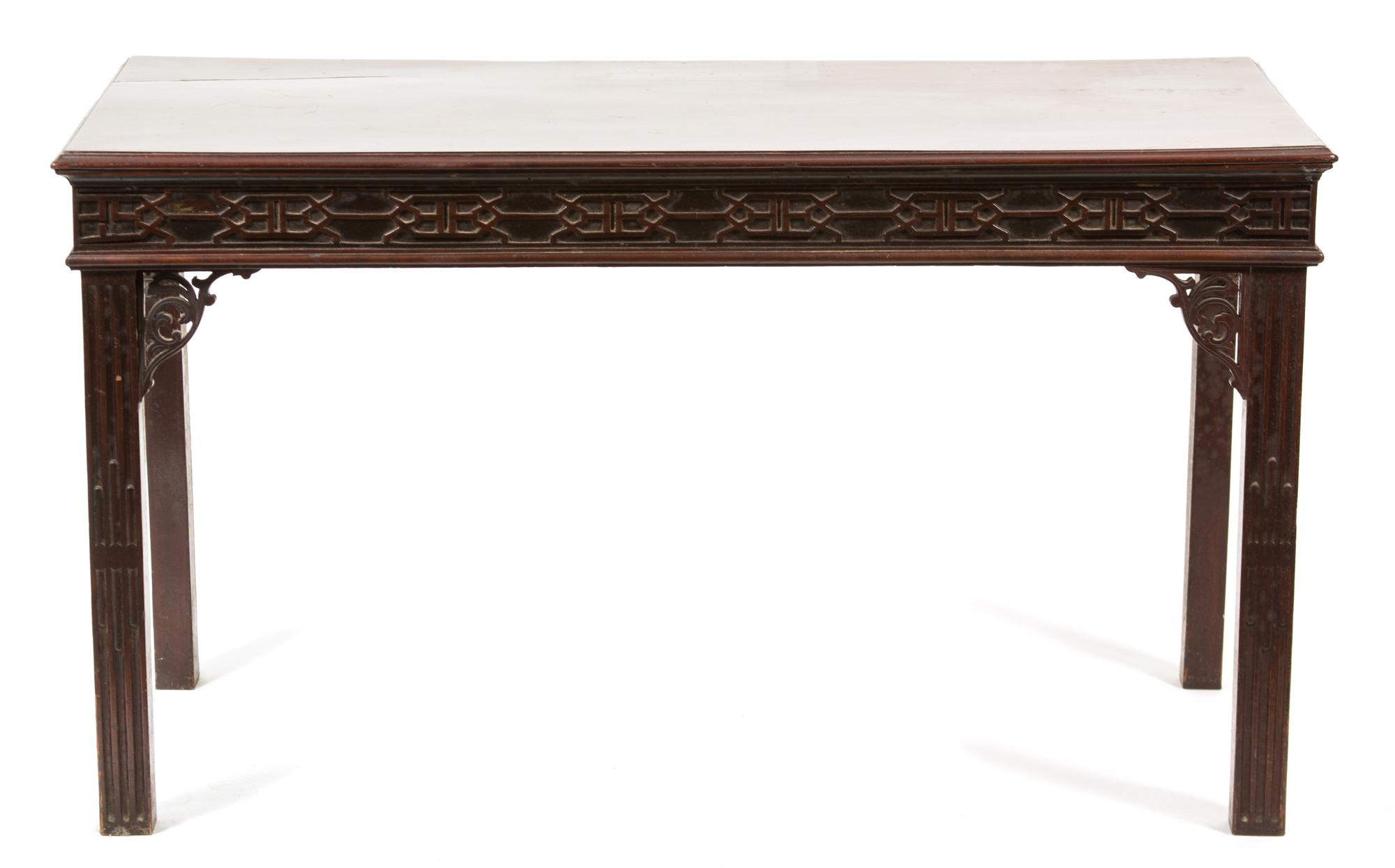 A Chinese Chippendale Style Mahogany Console Table Height 29 x length 50 x depth 23 inches.