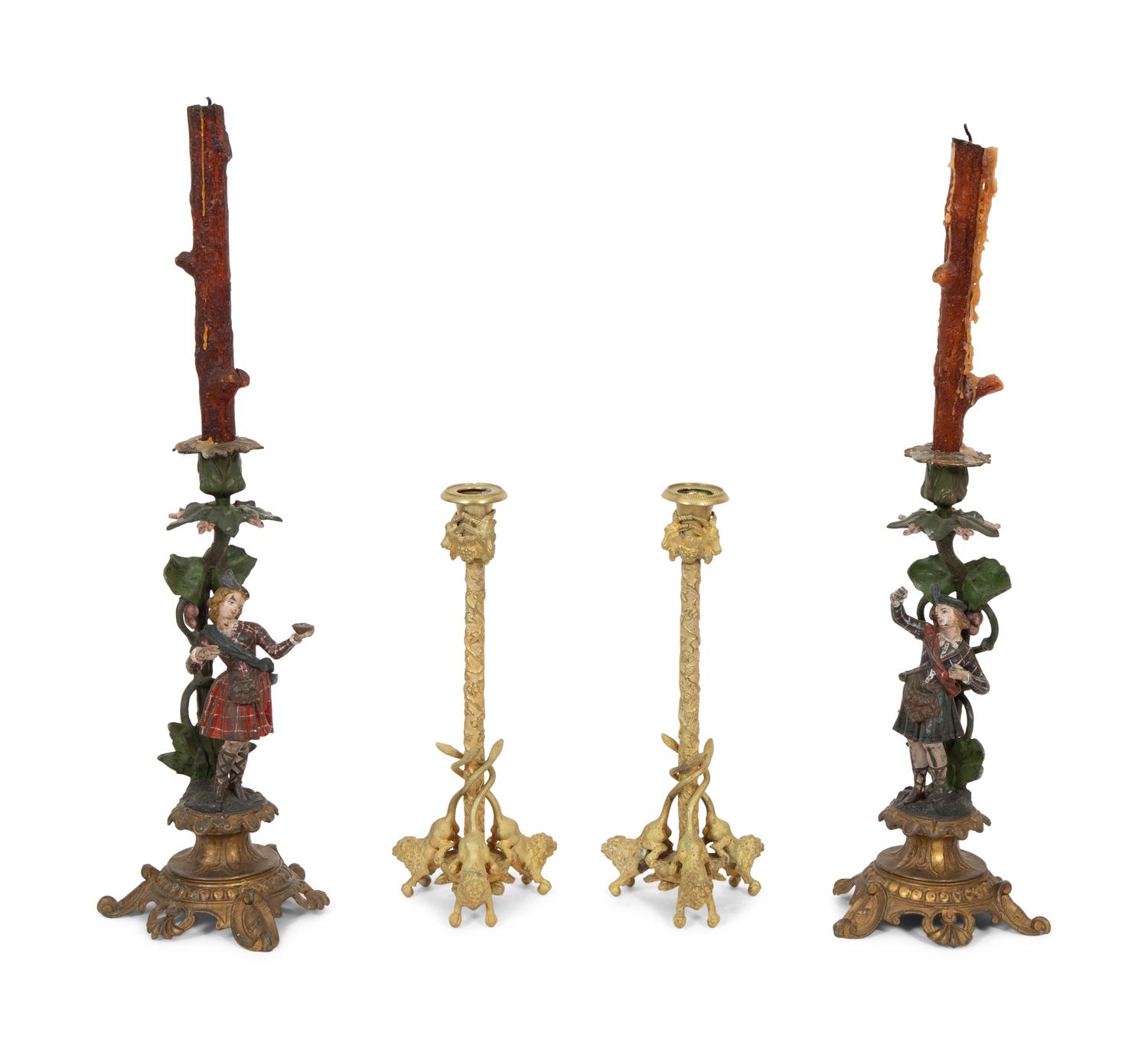 Two Pairs of Cast Metal Candlesticks