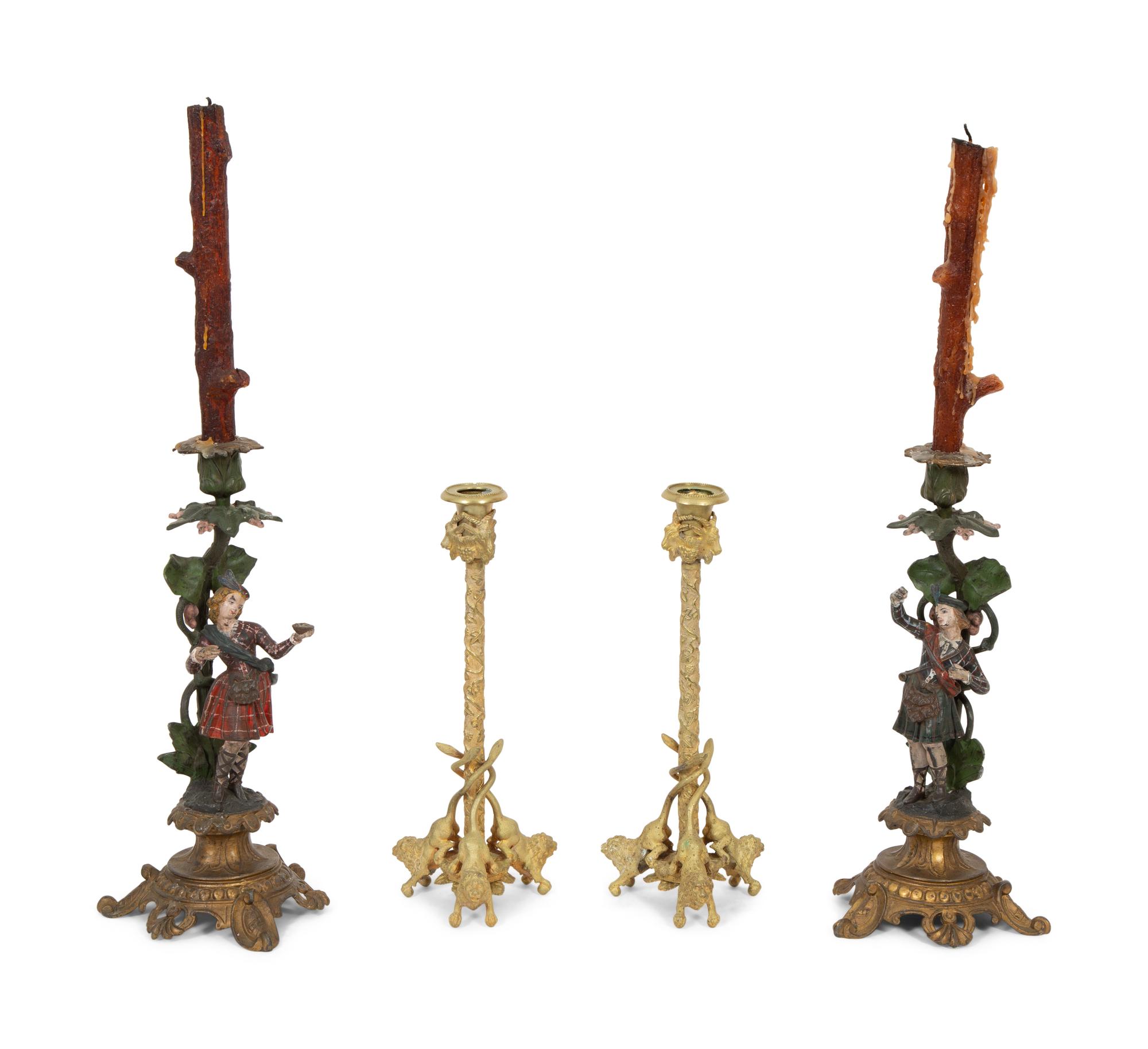 Two Pairs of Cast Metal Candlesticks