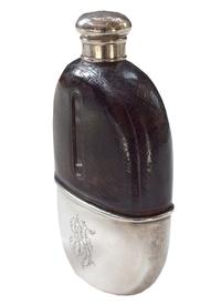 A Silver and Leather Flask, Thomas Jenkins of London 3" W x 1" D x 5.25" H — England, Circa 1812