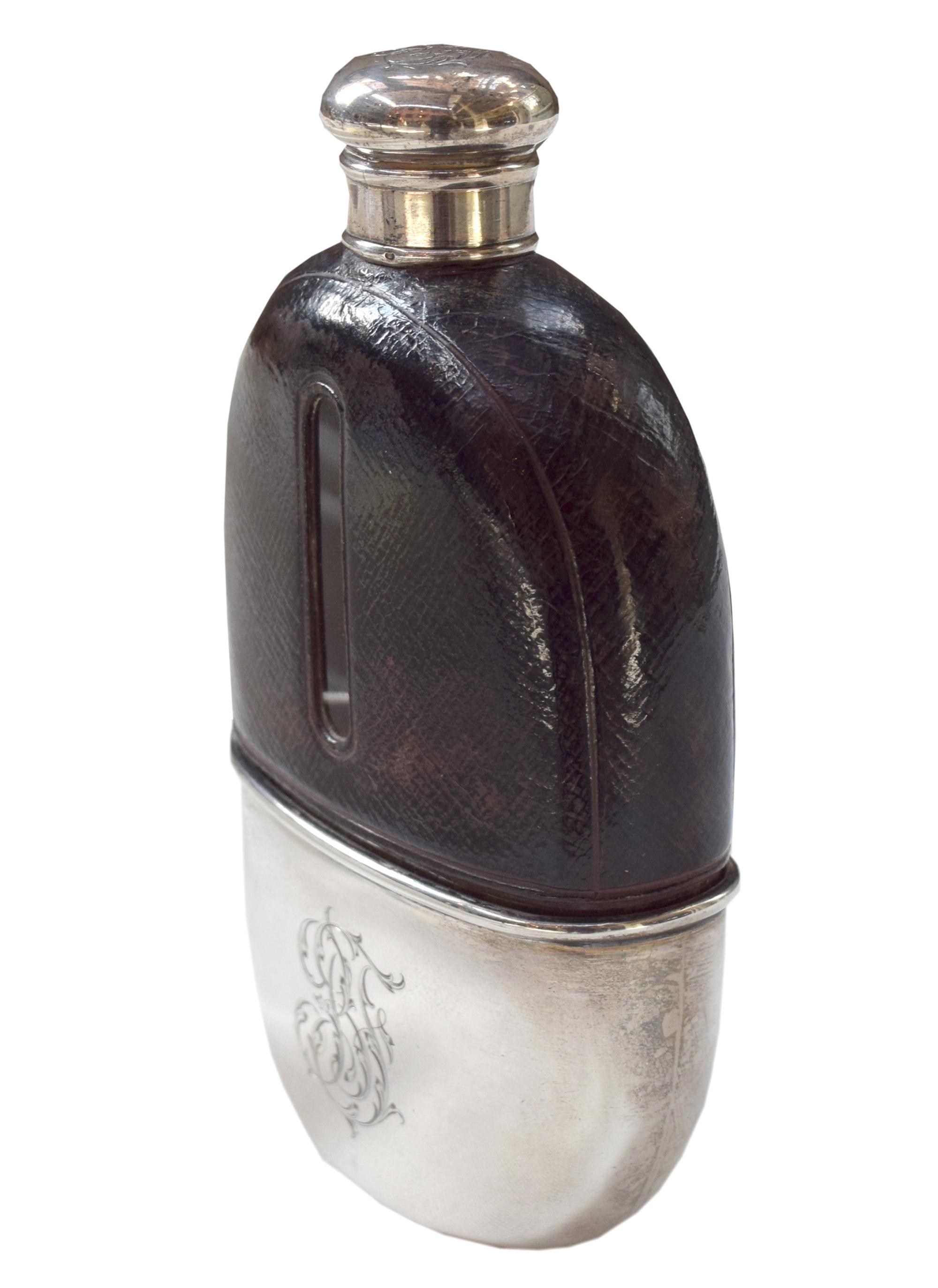 A Silver and Leather Flask, Thomas Jenkins of London 3" W x 1" D x 5.25" H — England, Circa 1812