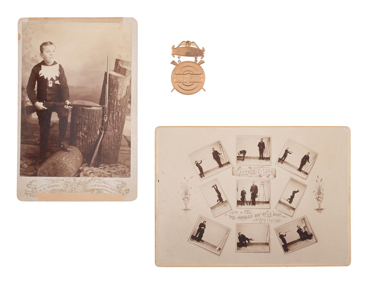 [WESTERN AMERICANA]. Archive related to "Hoosier Boy Rifle Shot," Clarence E. Long, incl. photographs and gold medal.