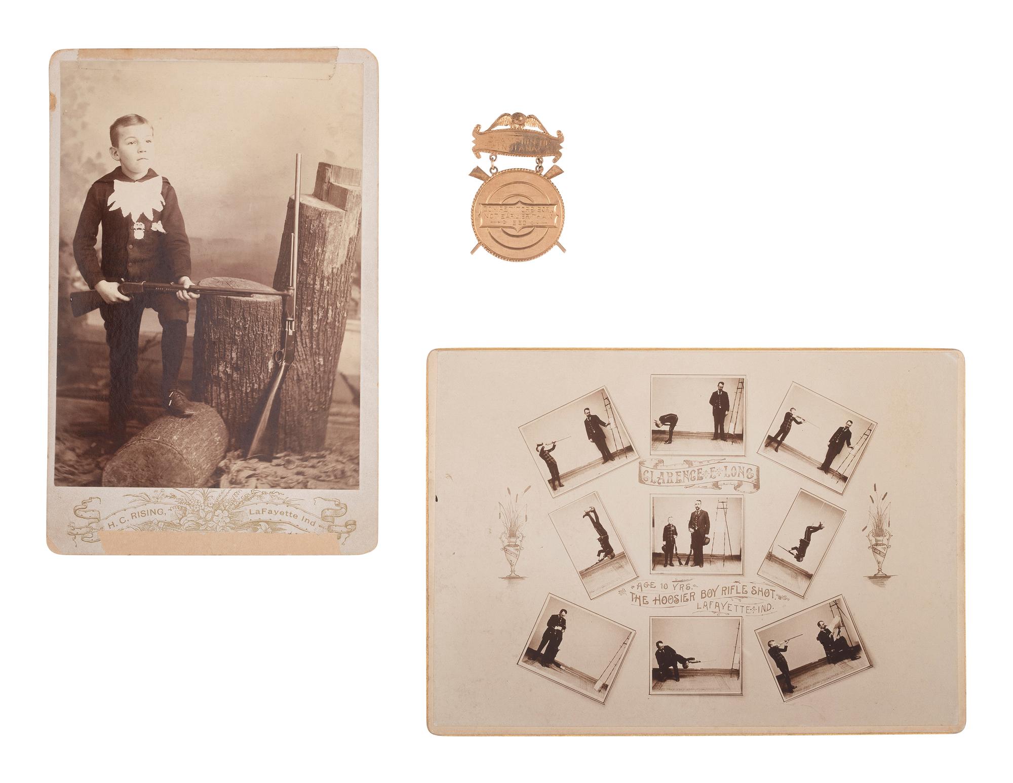 [WESTERN AMERICANA]. Archive related to "Hoosier Boy Rifle Shot," Clarence E. Long, incl. photographs and gold medal.